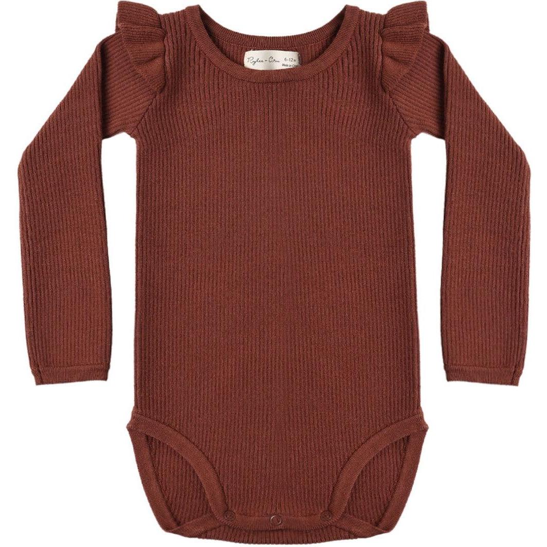 Rylee + Cru Shoulder Ruffle Bodysuit || Brick