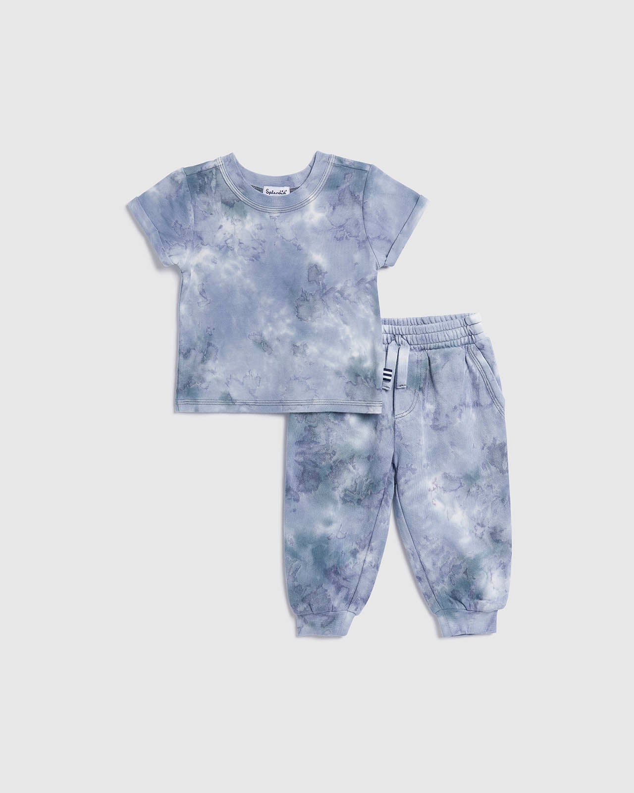 Blue tie-dye t-shirt and pants set on a white background