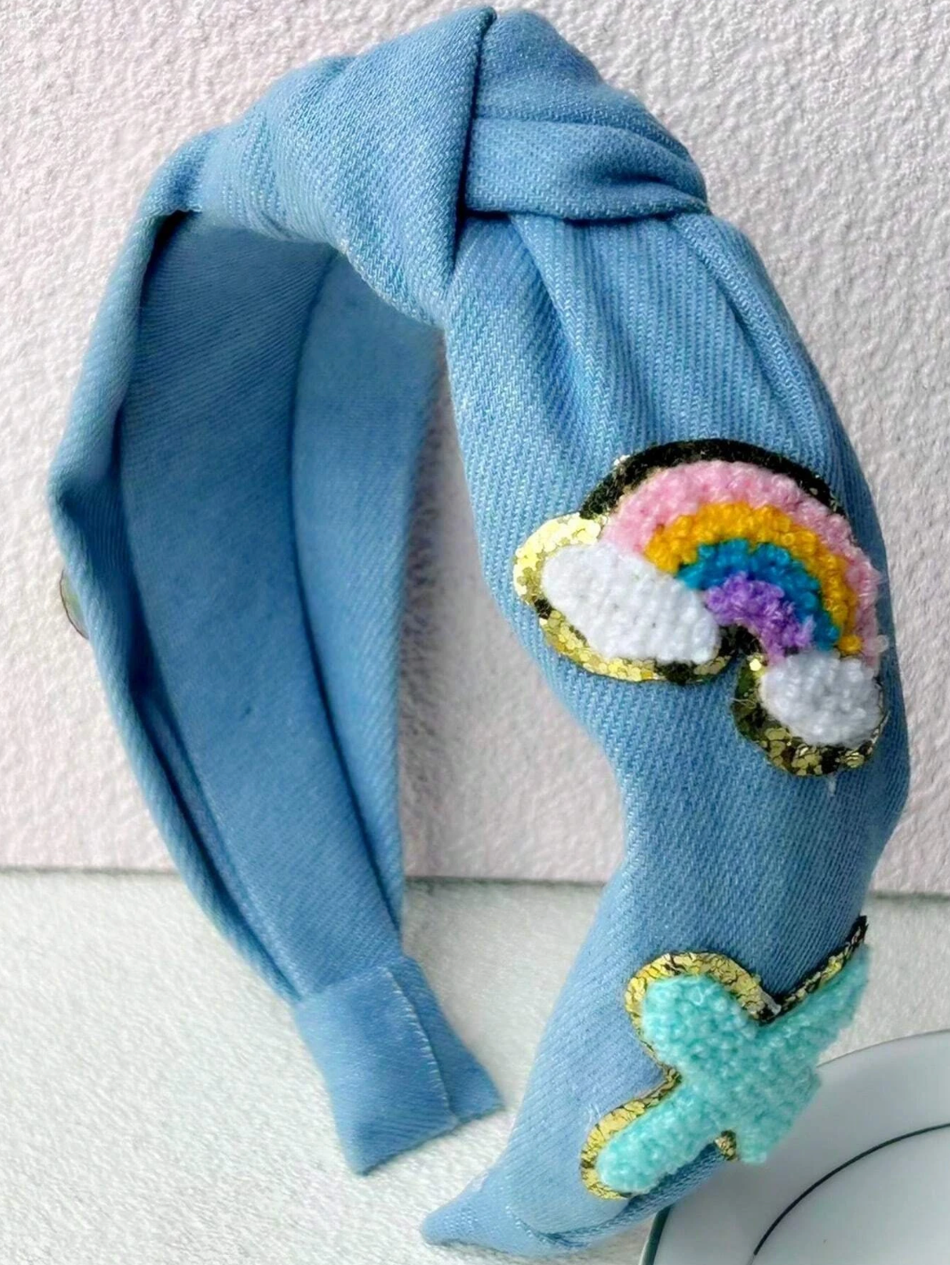Light Denim Chenille Patch Headband - Twinkle Twinkle Little One
