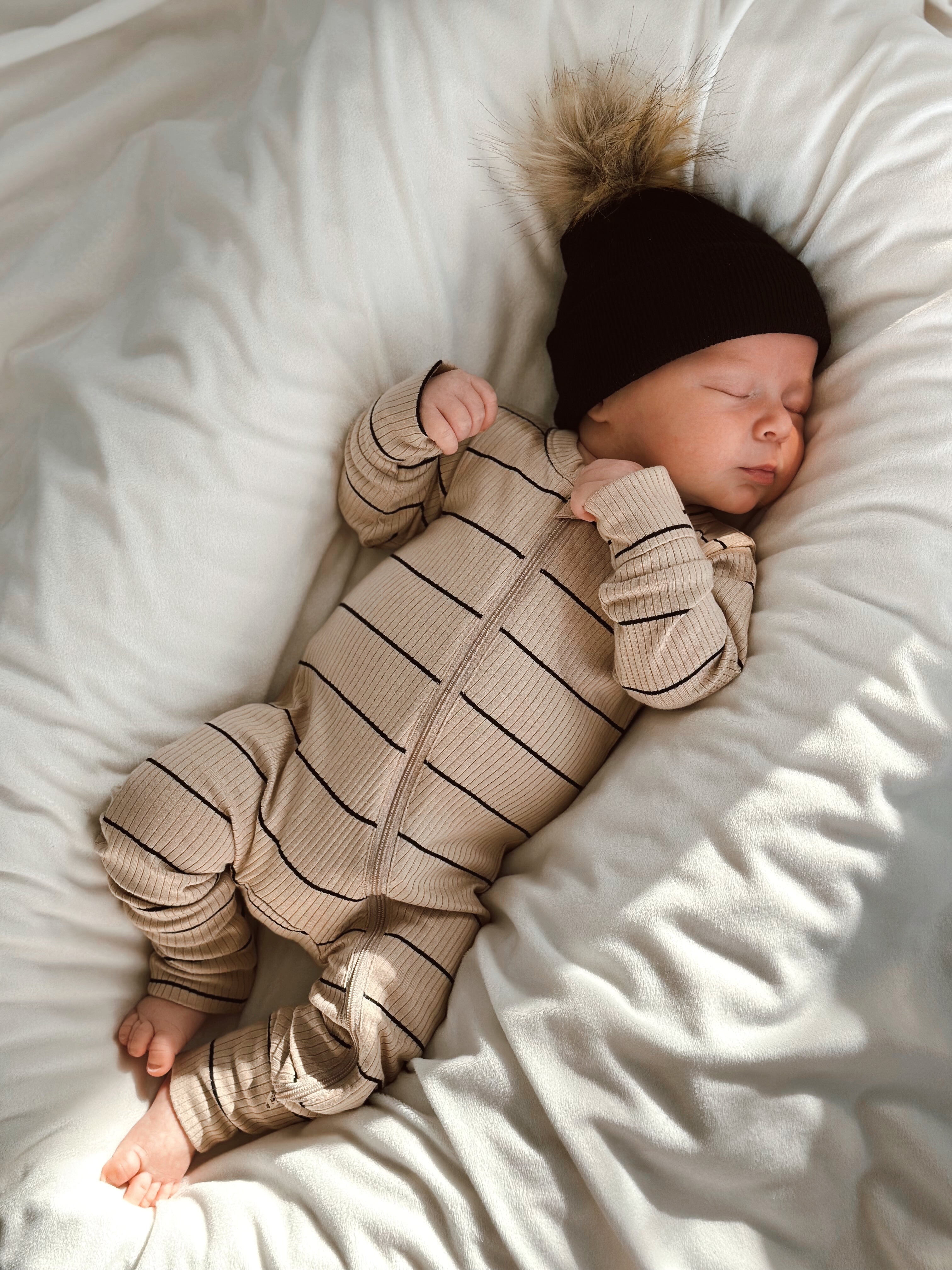 Tan & Black Stripe Organic Ribbed 2-Way Zip Romper - Twinkle Twinkle Little One