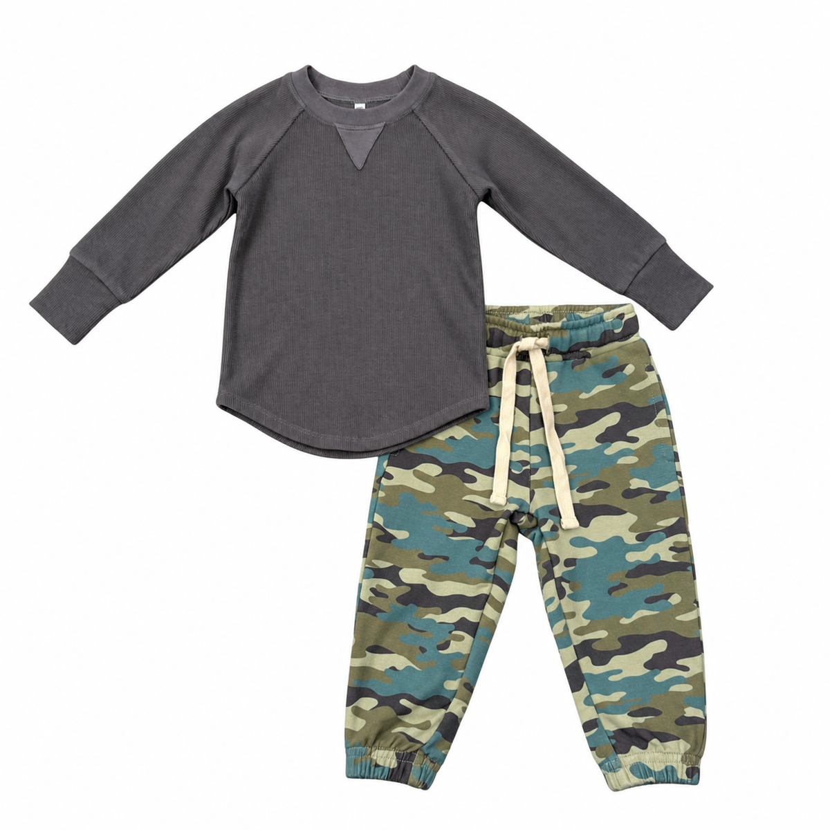 Tornado Gray Ribbed Top & Camouflage Joggers Set