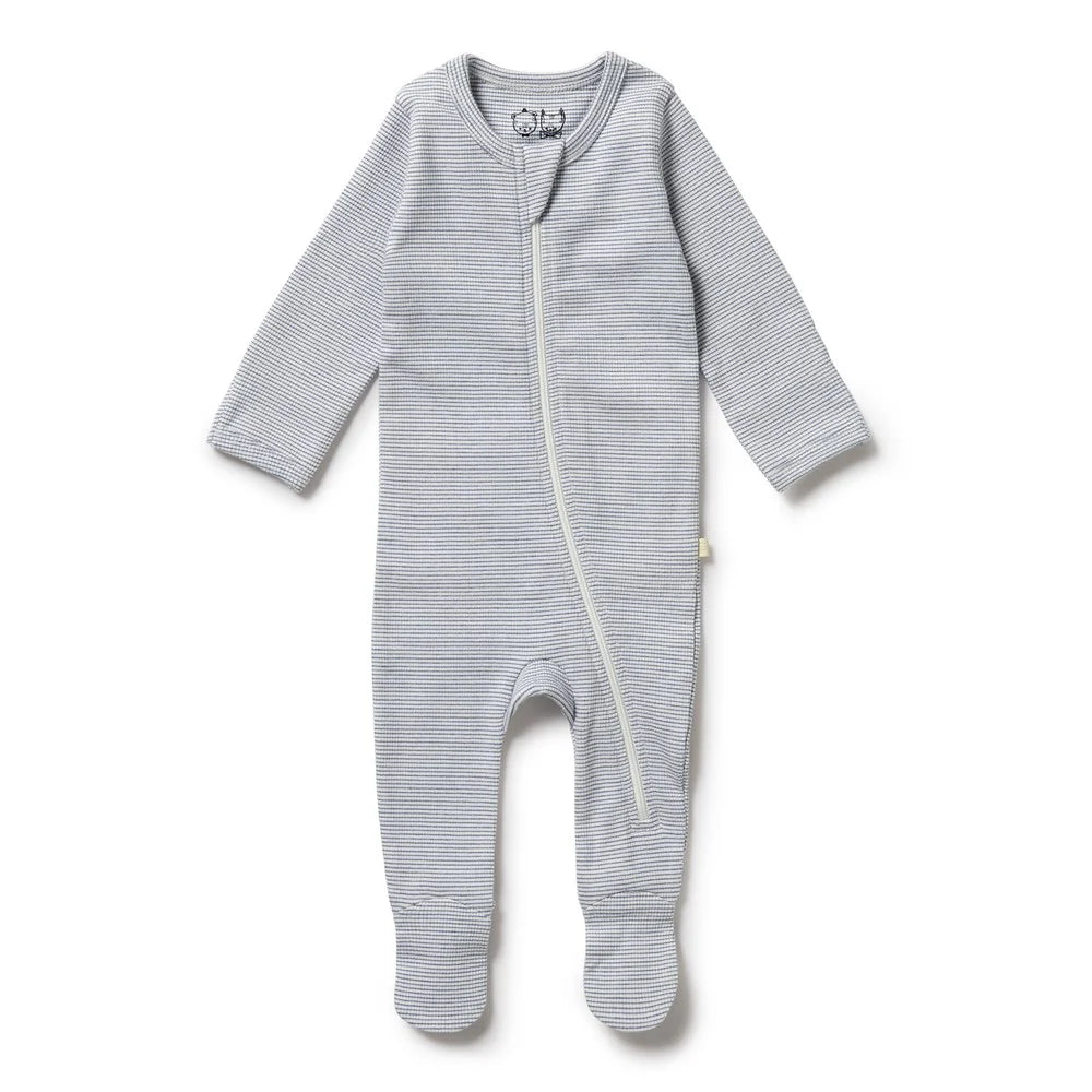 Organic Stripe Rib Zipsuit with Feet - Raindrop - Twinkle Twinkle Little One