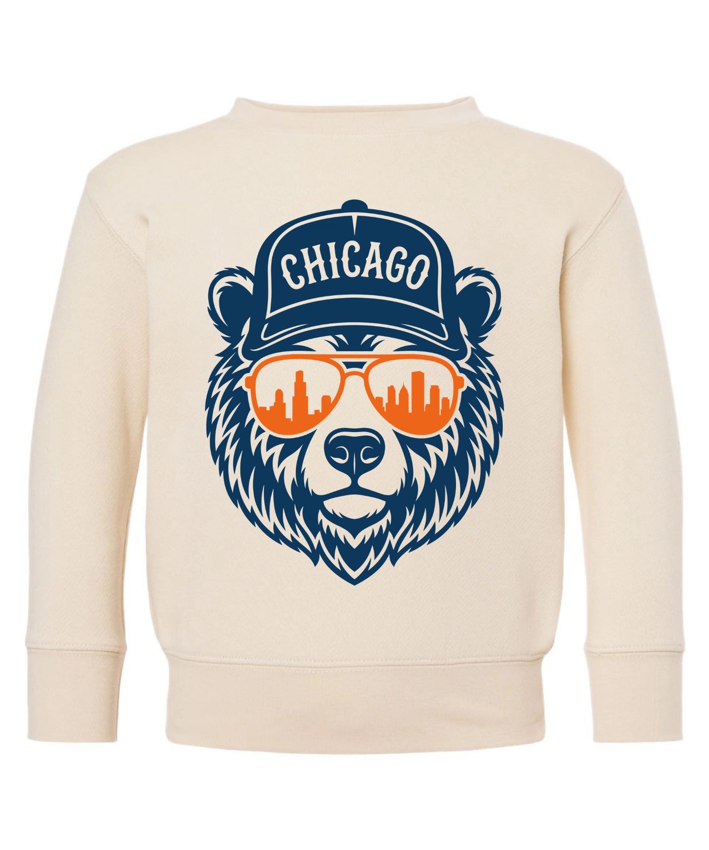 Cream Chicago Bears sweatshirt featuring a blue bear graphic wearing a cap and orange sunglasses with city skyline lenses.