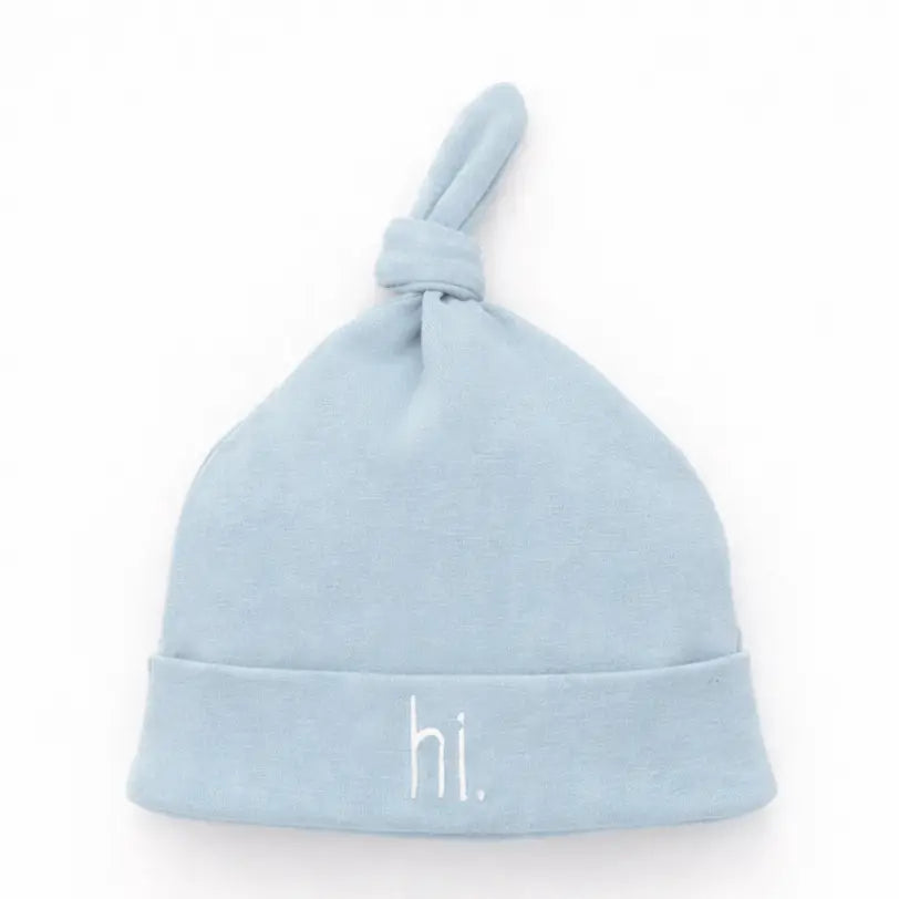 Hi. Embroidered Surf Blue Cotton Knit Onesie & Top Knot Hat