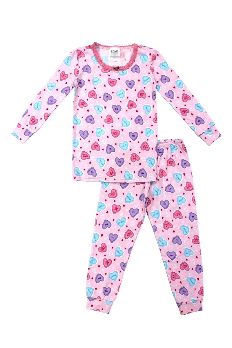 Children's pajama set with heart pattern on a white background