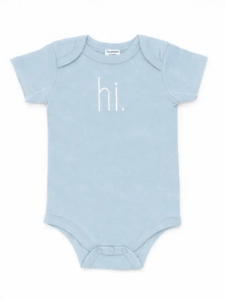 Hi. Embroidered Surf Blue Cotton Knit Onesie & Top Knot Hat
