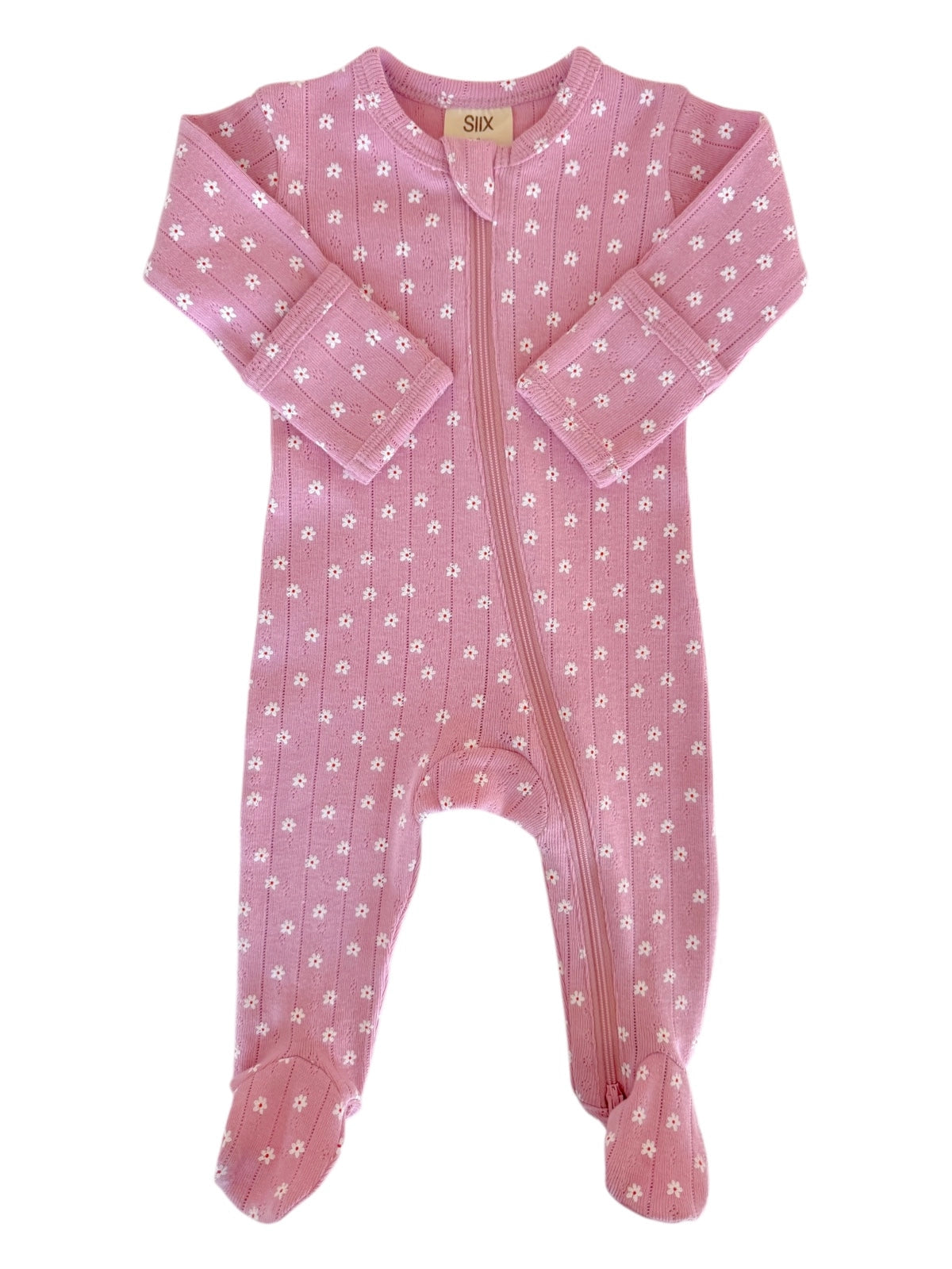 Pink Flower Organic Pointelle 2-Way Zip Footie - Twinkle Twinkle Little One