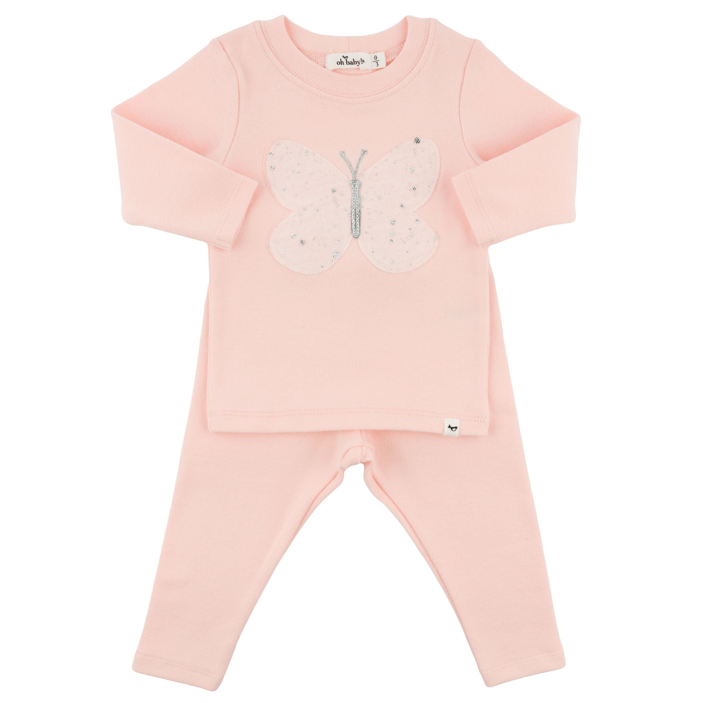 Two Piece Set - Pink Silver-Fleck Tulle Butterfly Applique - Pale Pink - Twinkle Twinkle Little One