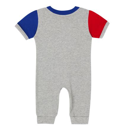 Gray baby romper with blue and red sleeves on a white background