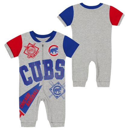 Gray baby romper with Cubs logo and text on a white background