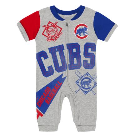 Children's onesie with Chicago Cubs logo and text on a white background