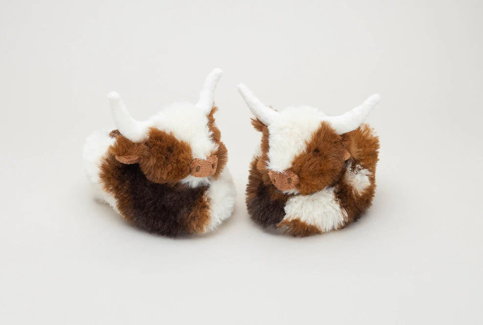 Cream/Brown Texas Longhorn Highland Cow Plush Baby Slippers