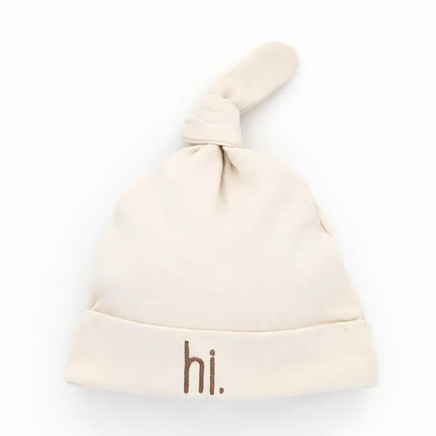 Hi. Embroidered Pecan Cotton Knit Onesie & Top Knot Hat