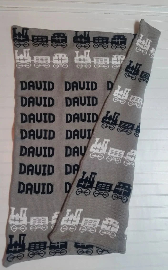 Repeating Name Trains Double Cotton Knit Blanket