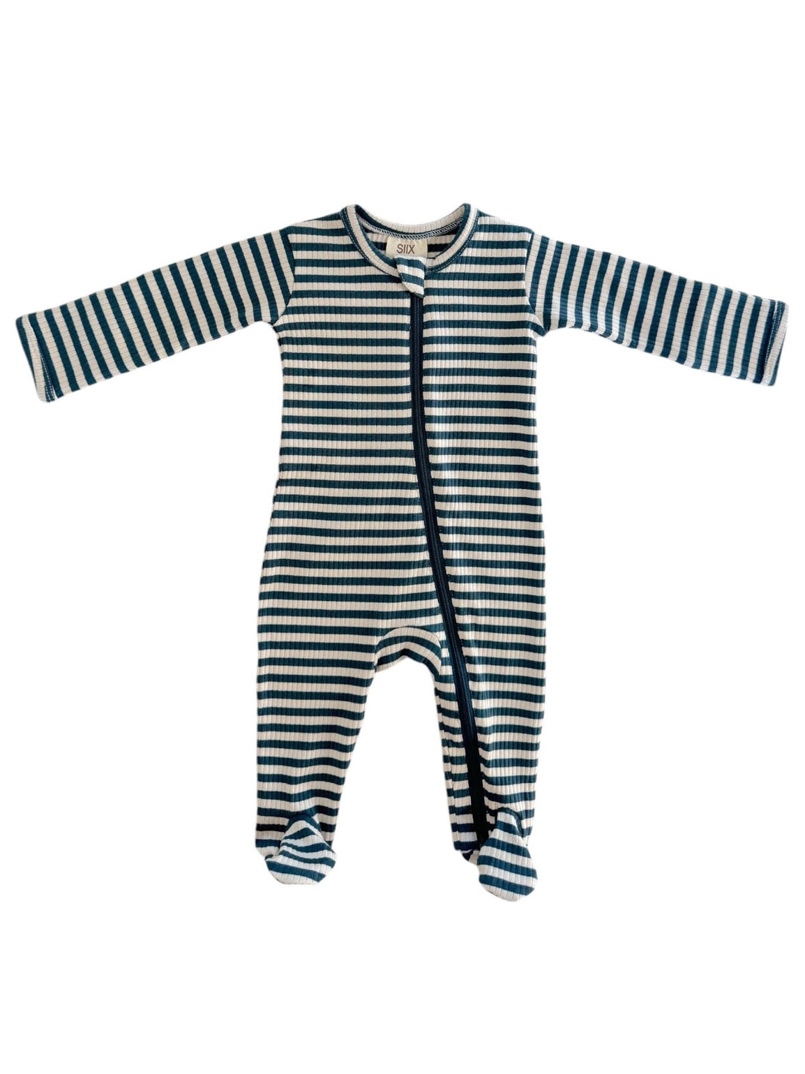 Steel Blue Stripe Organic Ribbed Zip Footie - Twinkle Twinkle Little One