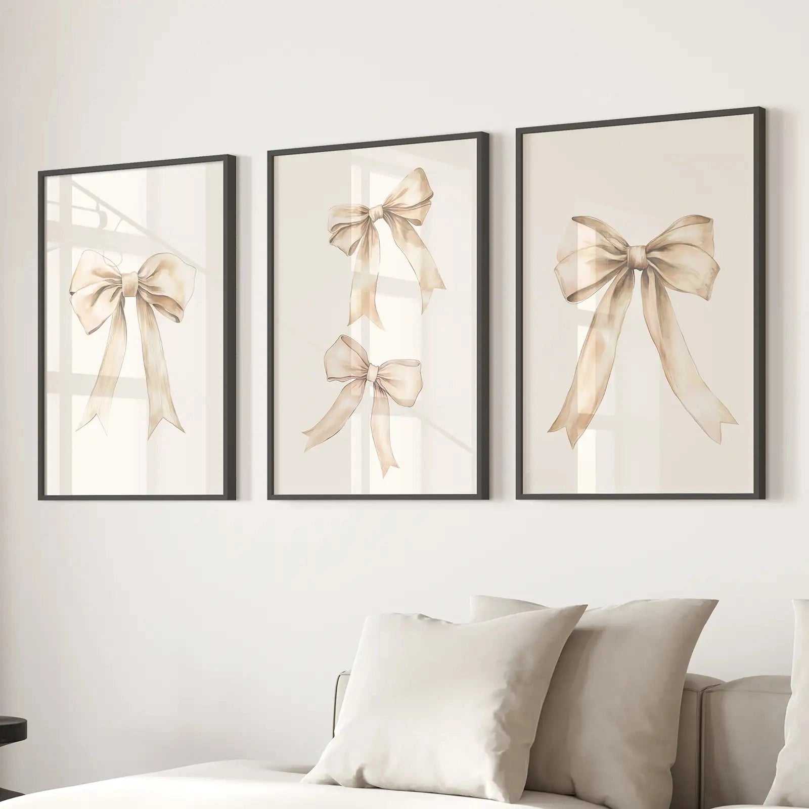 Thin Framed Beige Bows Art Prints - Set of 3