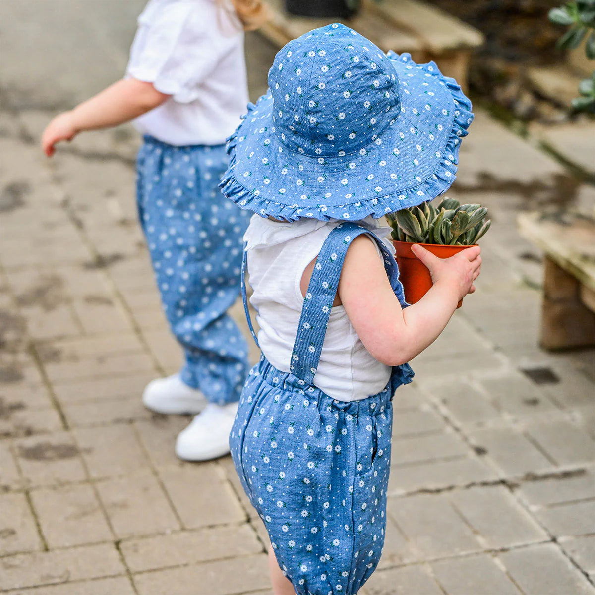 Denim Ruffle Sunhat - Sunburst Flower Print