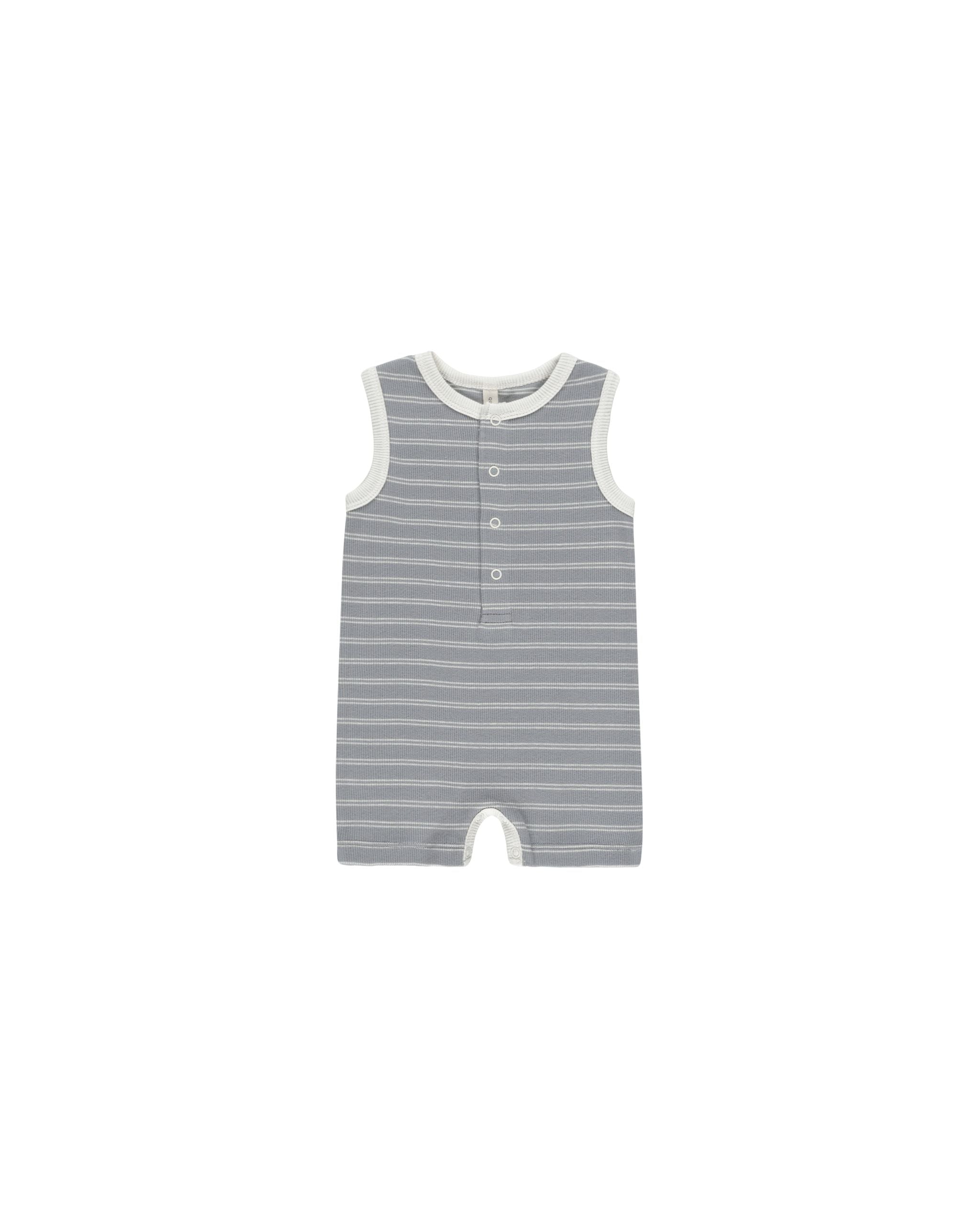 Ribbed Henley Romper - Blue Pinstripe - Twinkle Twinkle Little One