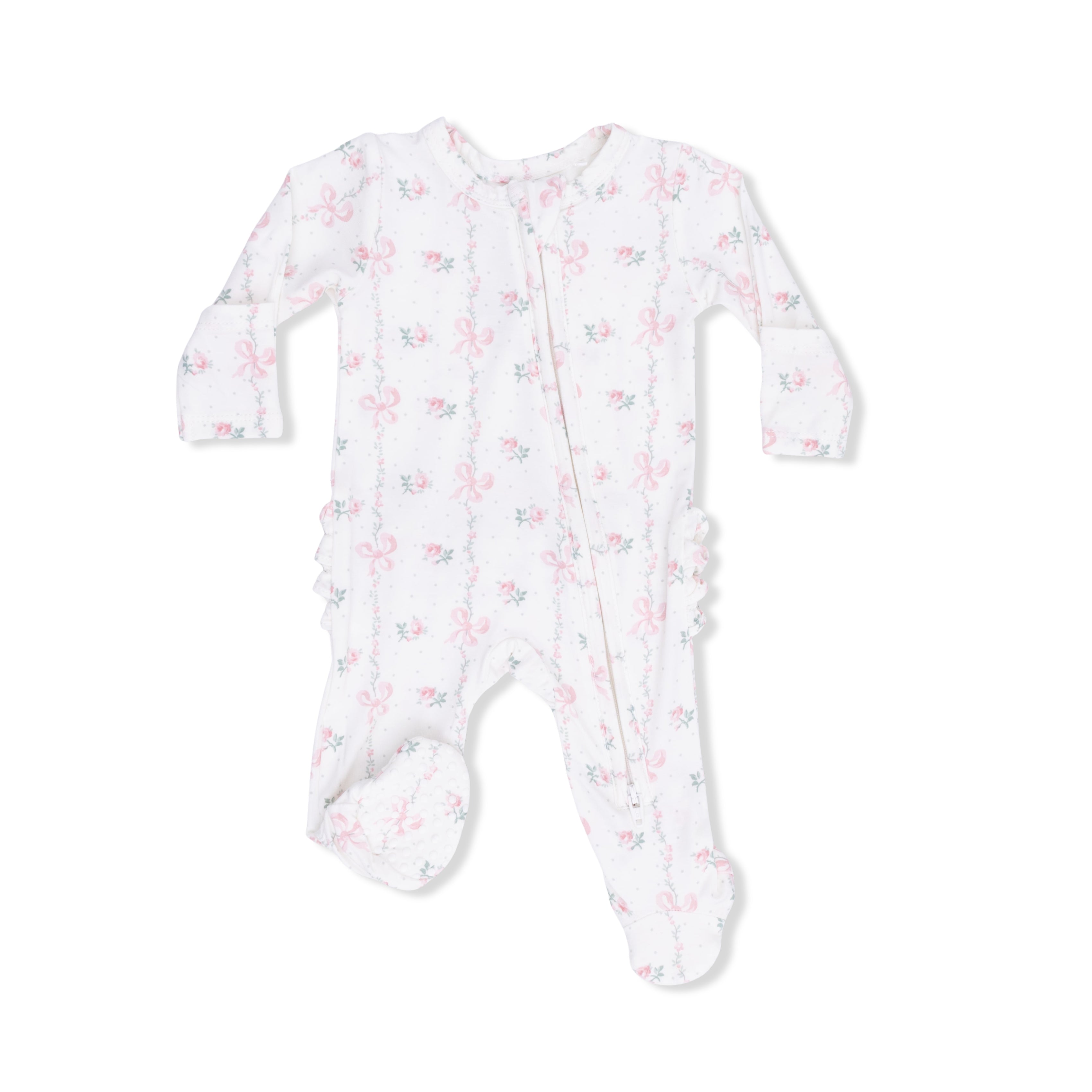 Dainty Buds and Bows 2 Way Ruffle Back Zipper Footie