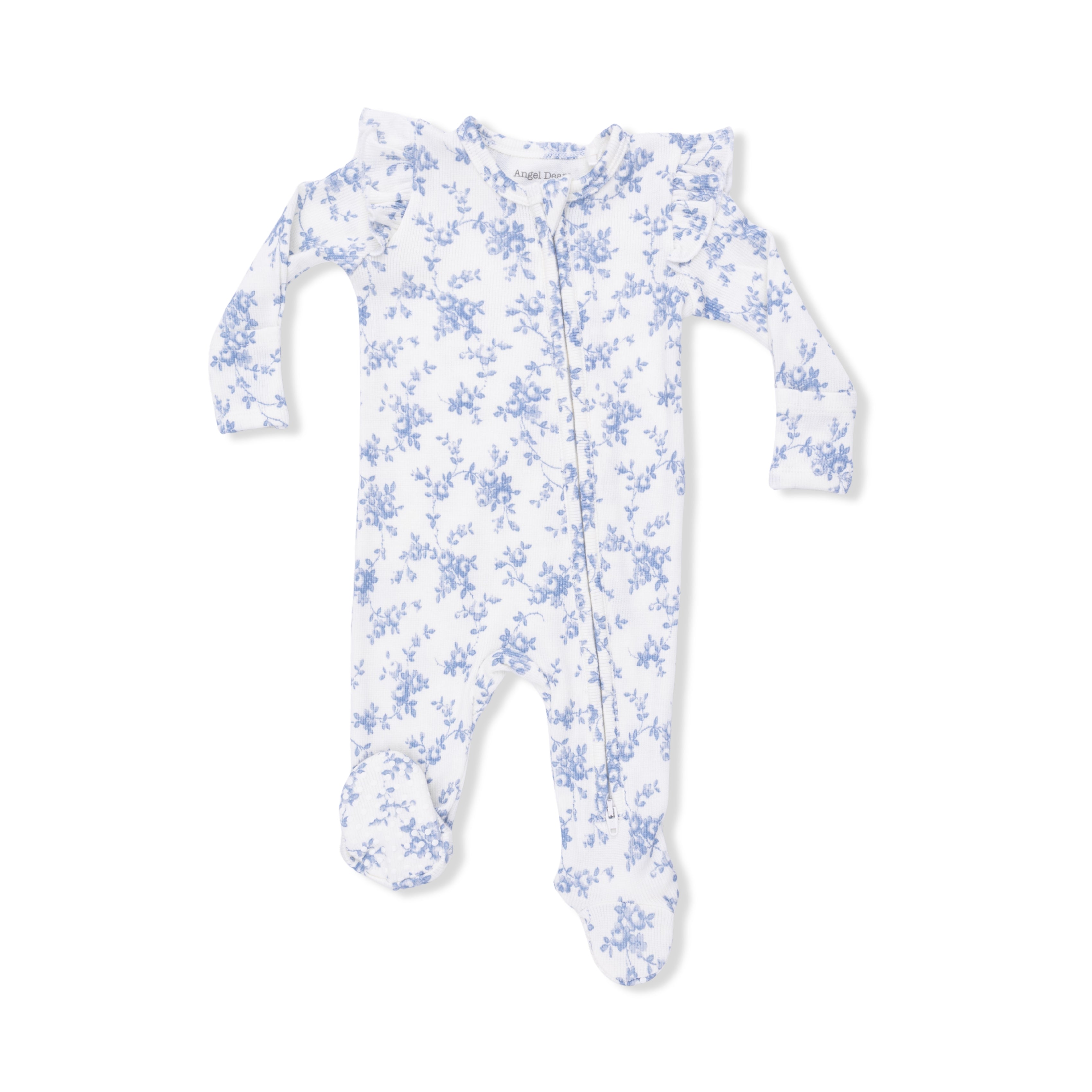 Baby Blue Vines Floral 2 Way Ruffle Back Zipper Footie