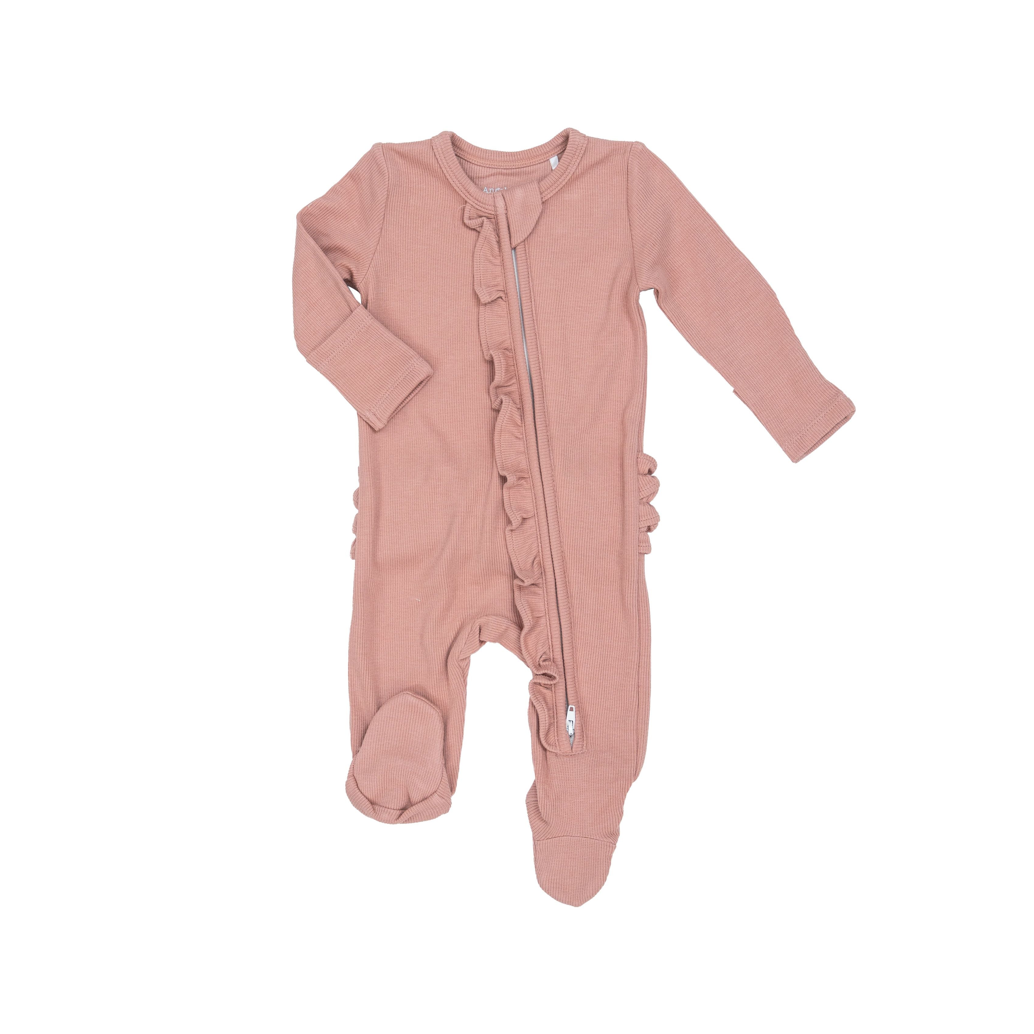 Cameo Brown Ribbed Bamboo 2 Way Ruffle Zipper Footie - Twinkle Twinkle Little One