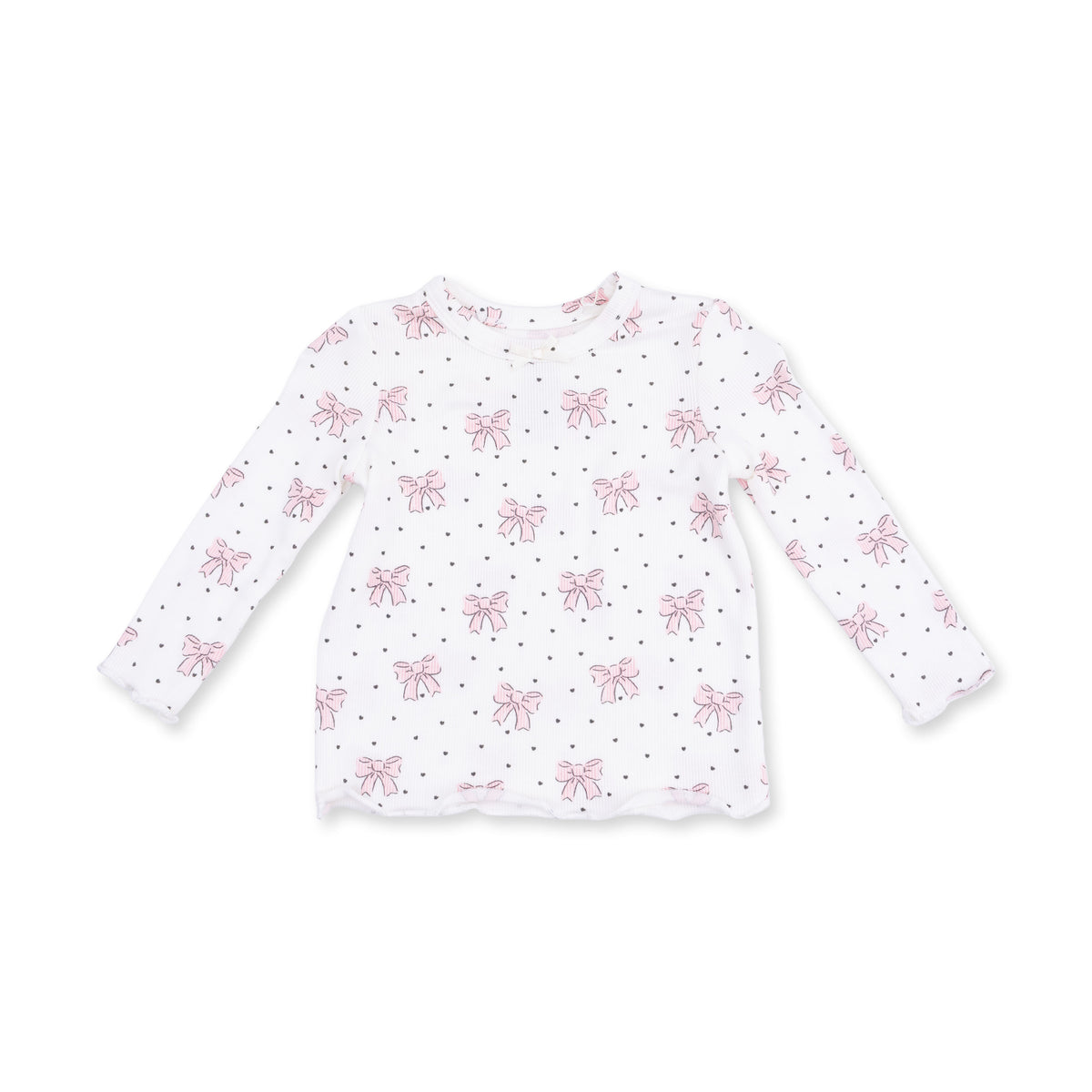 Angel Dear Solid Veiled Pink Ruffle V-Overalls & Bows and Hearts Long Sleeve Lettuce Edge Tunic Top Set