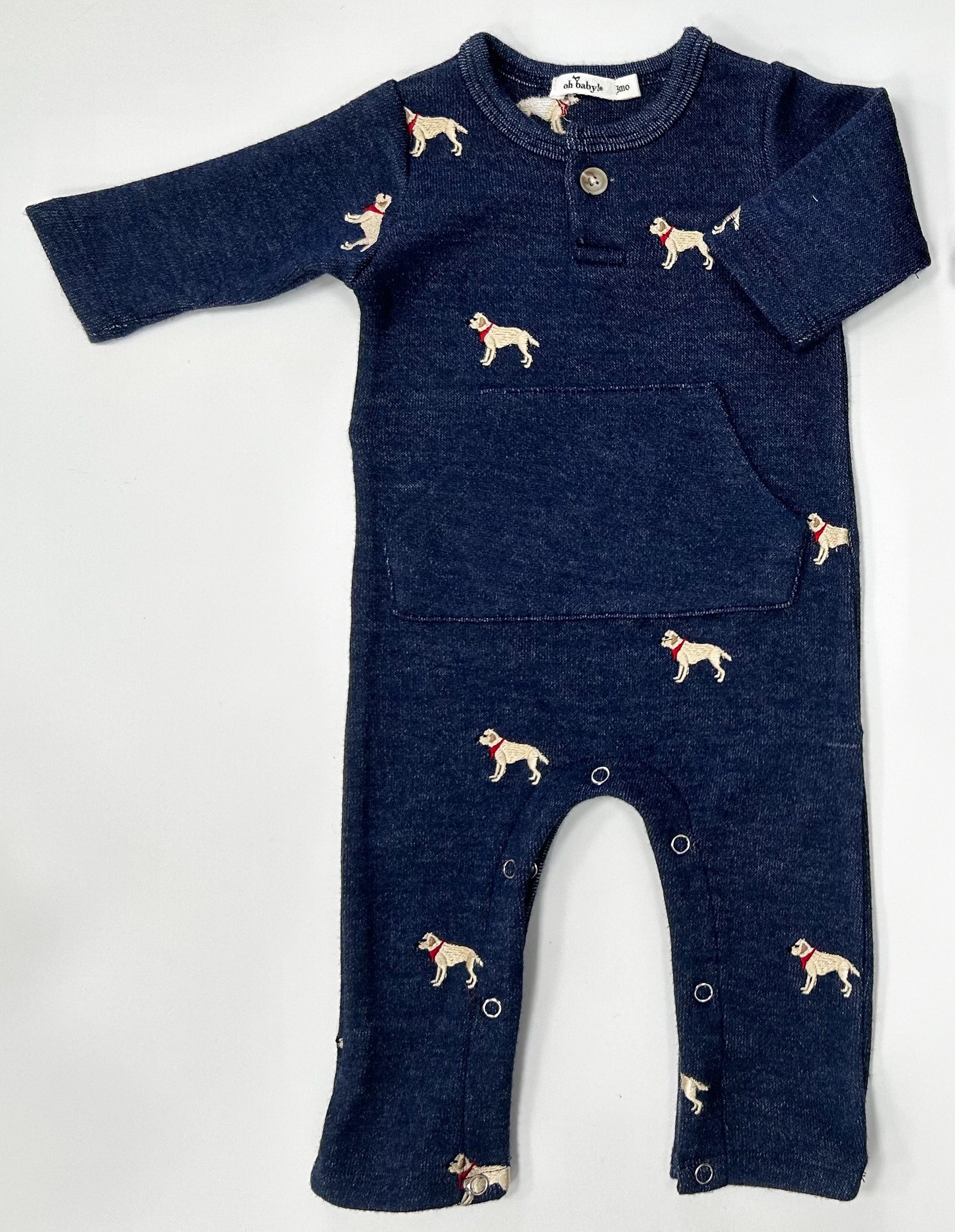 Labs Embroidered One-Button Kangaroo Pocket Romper - Navy Heather - Twinkle Twinkle Little One