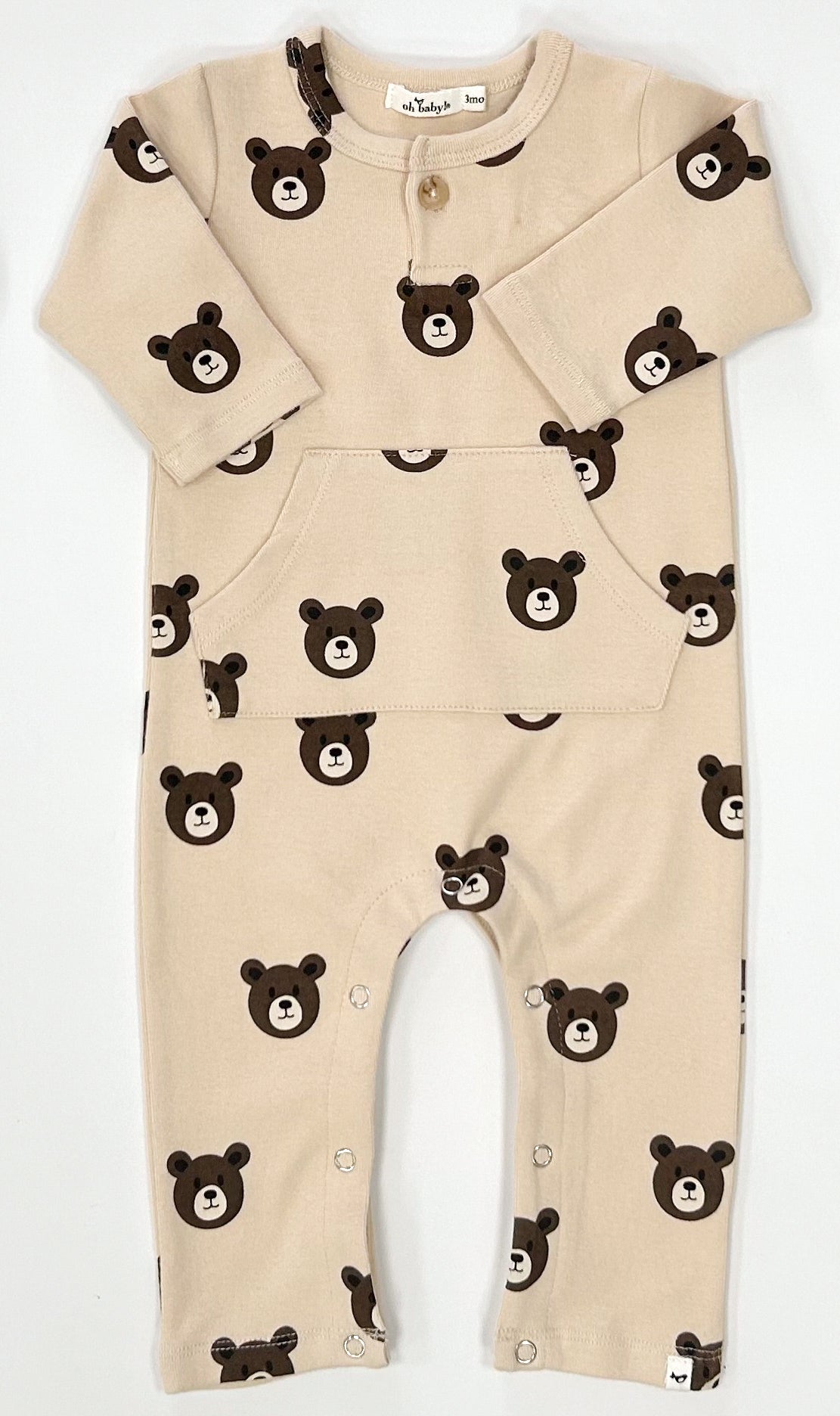 Bear Faces One-Button Kangaroo Pocket Romper - Shortbread - Twinkle Twinkle Little One