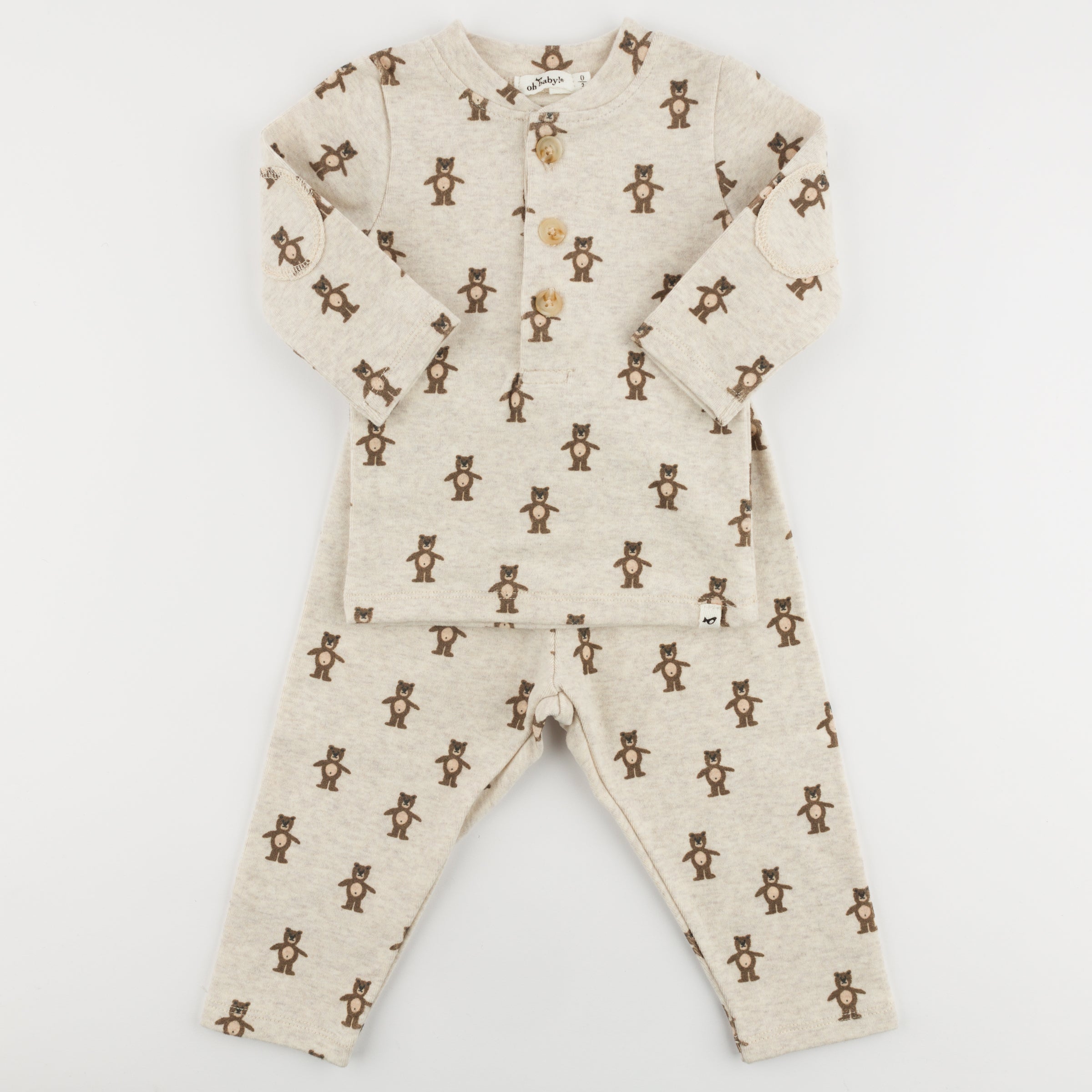 Shaggy Bears Print Elbow Patch Henley Set - Malt - Twinkle Twinkle Little One