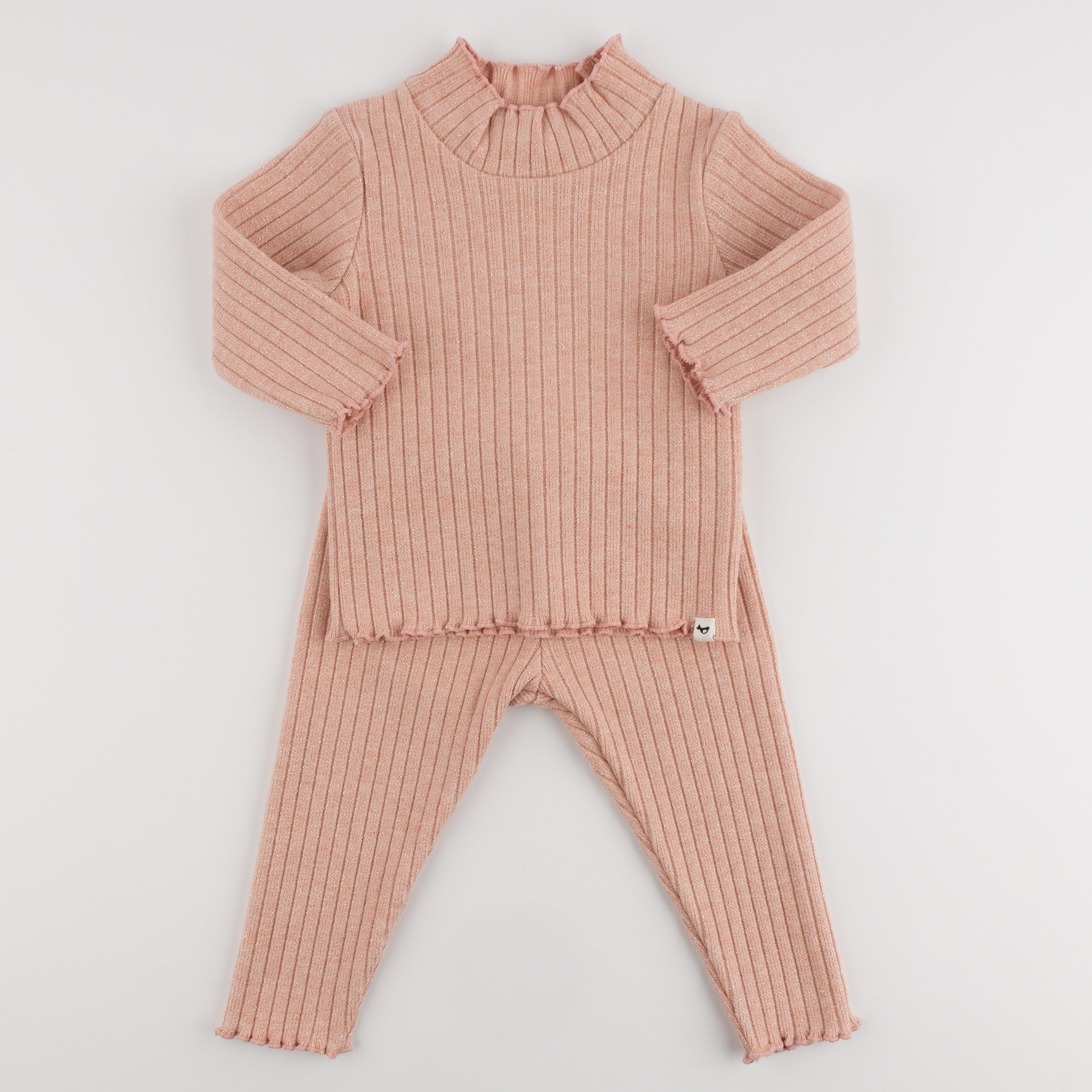 Sparkle Wide Rib Lettuce Edge Mock Neck Set - Pale Pink - Twinkle Twinkle Little One