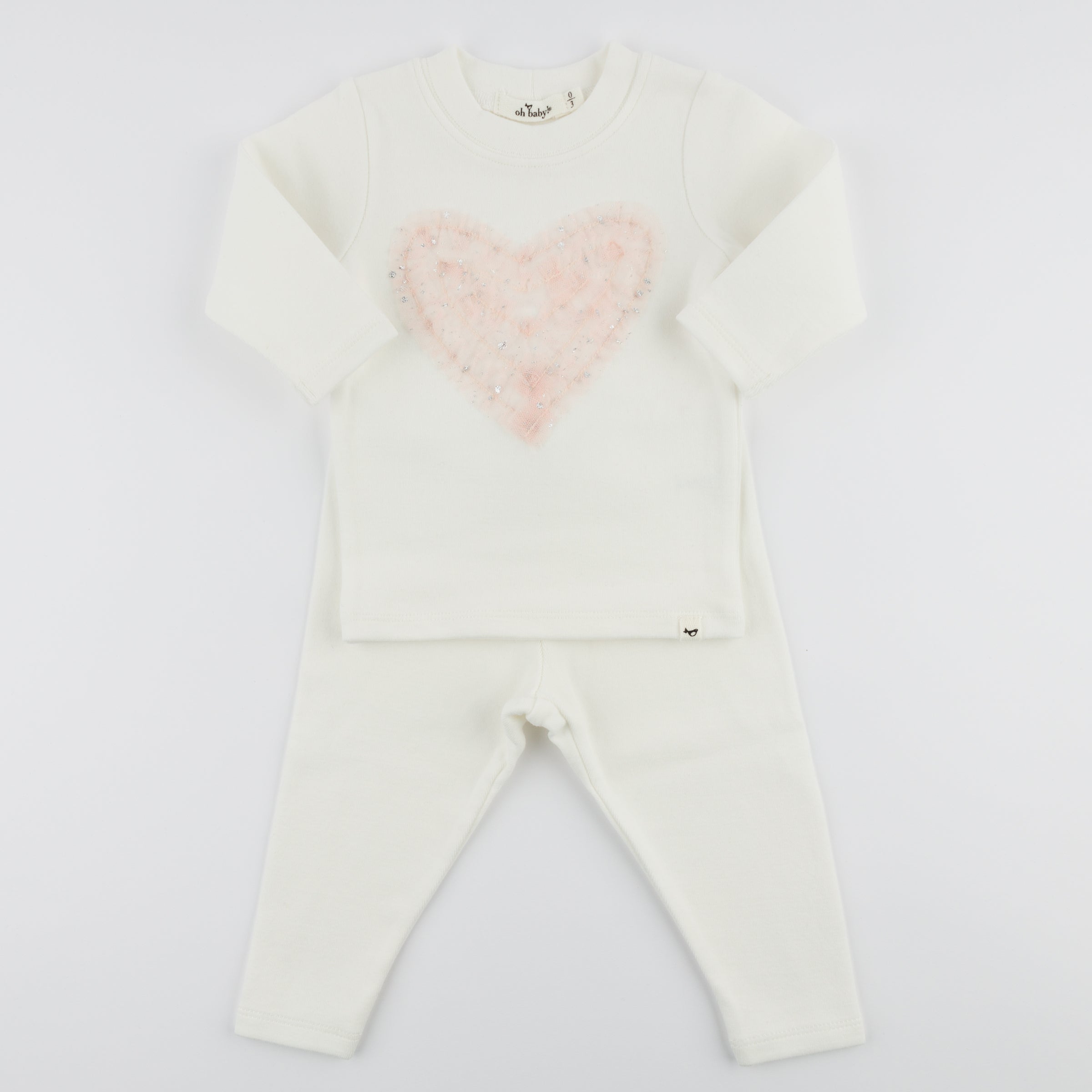 Two Piece Set - Pink Silver-Fleck Tulle Terry Ruffle Heart Applique - Cream - Twinkle Twinkle Little One