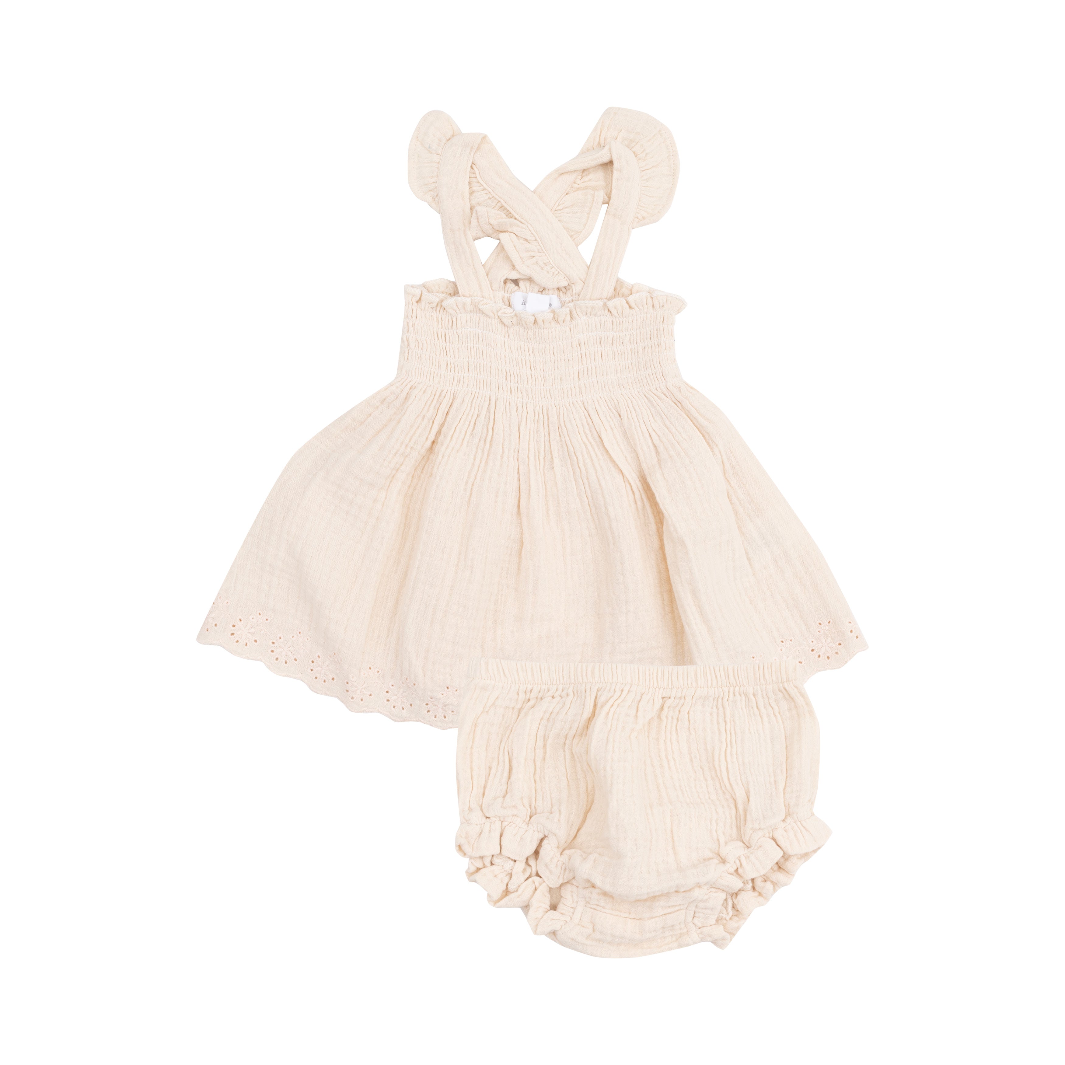 Solid Muslin White Swan Ruffle Strap Smocked Top & Diaper Cover - Twinkle Twinkle Little One