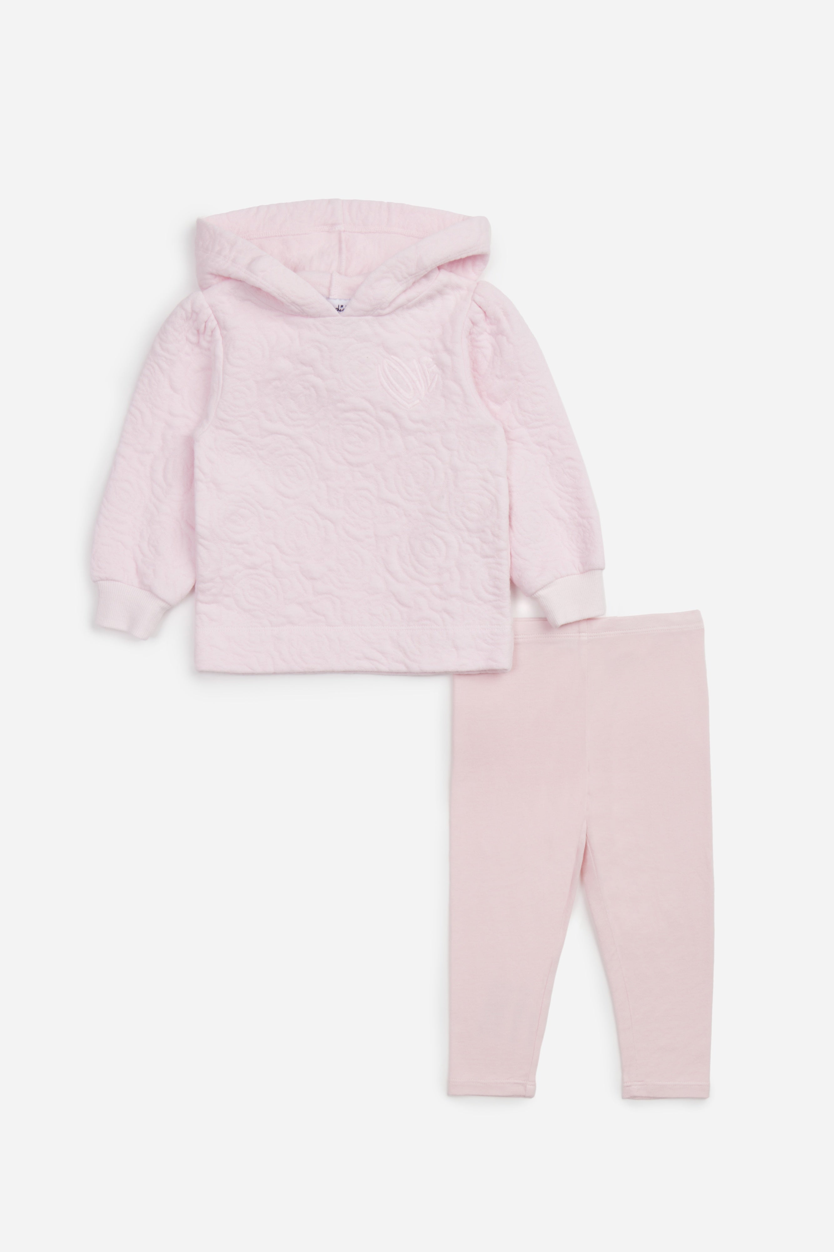 Pink hoodie and leggings set on a white background