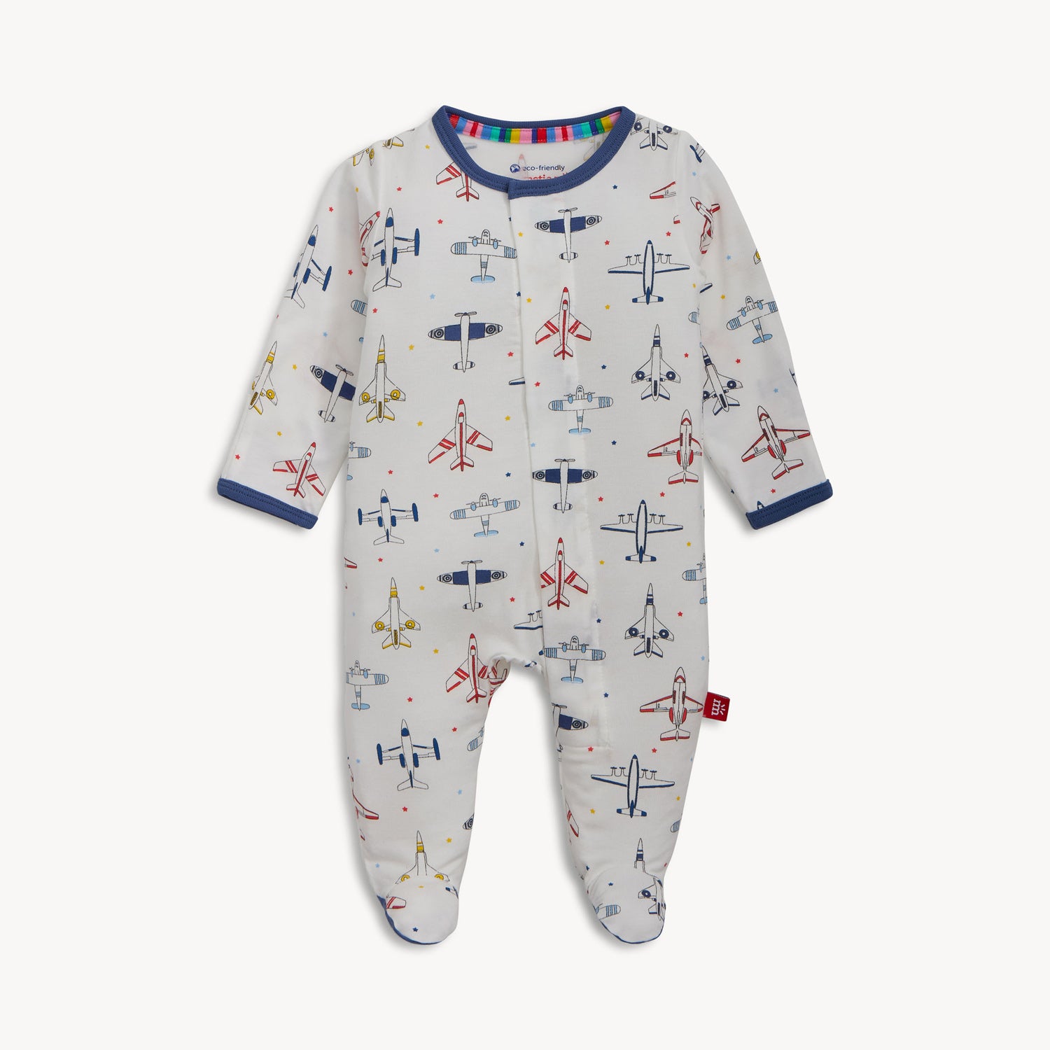 Baby onesie with airplane pattern on a white background