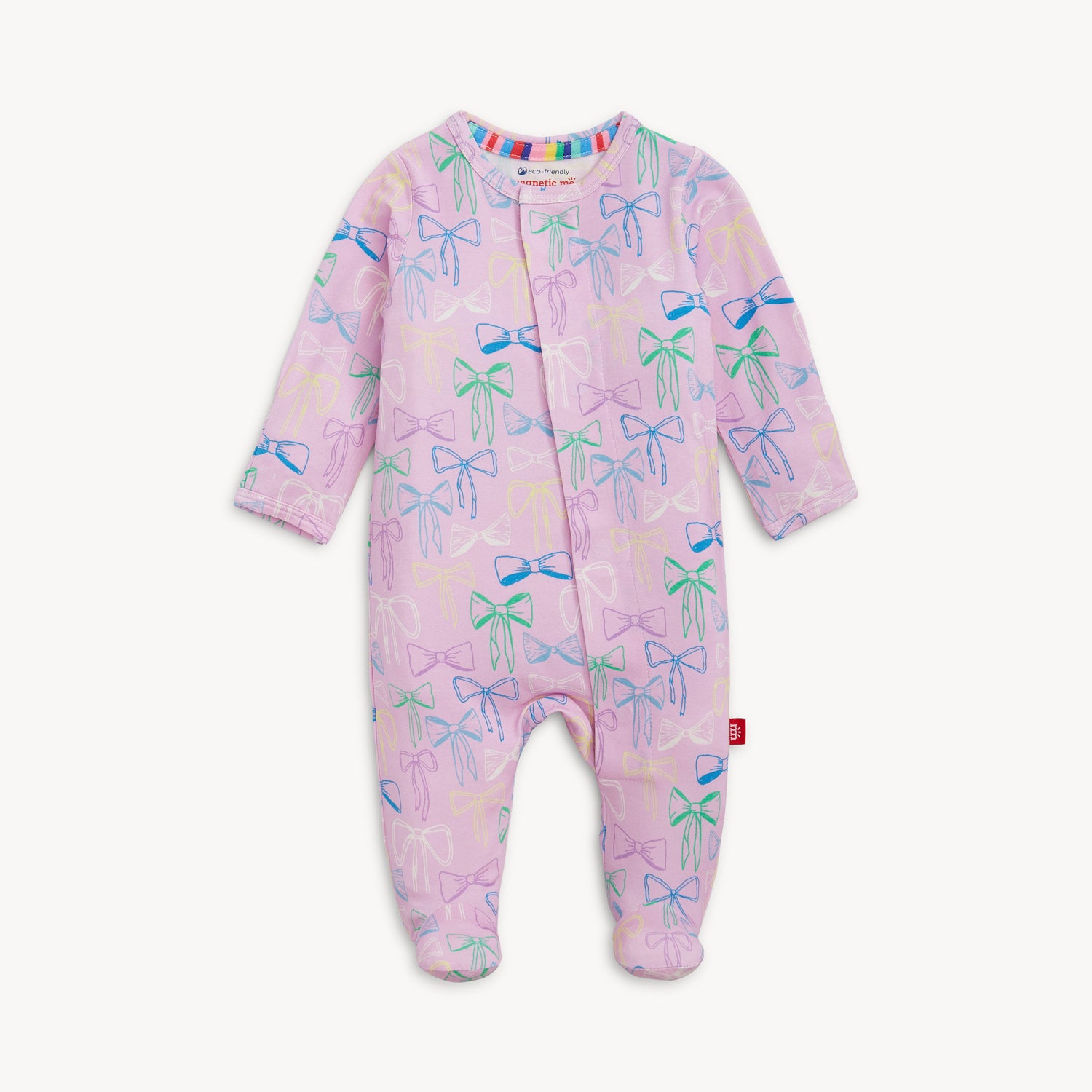 Baby footie with bow pattern on a white background