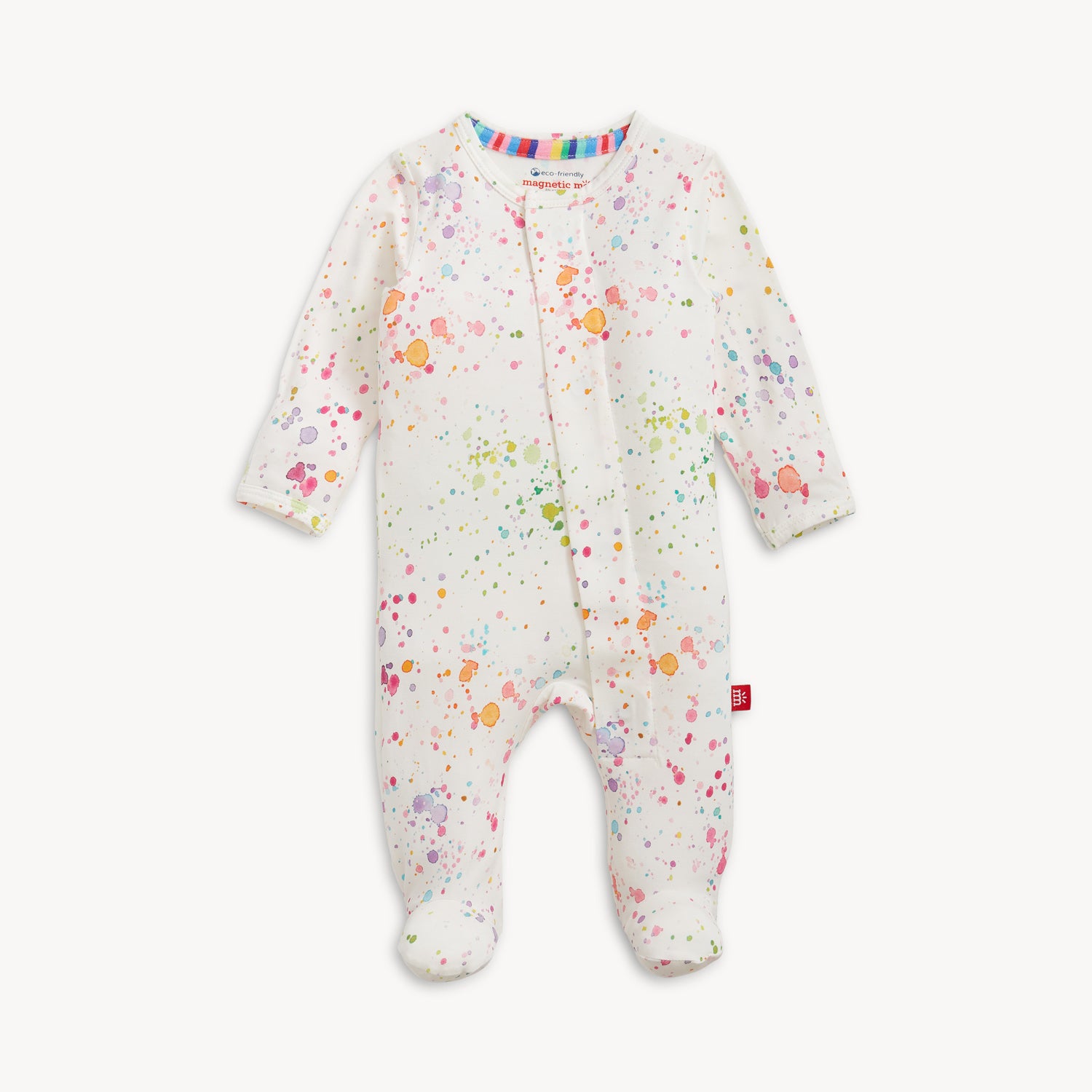 Baby onesie with colorful patterns on a white background