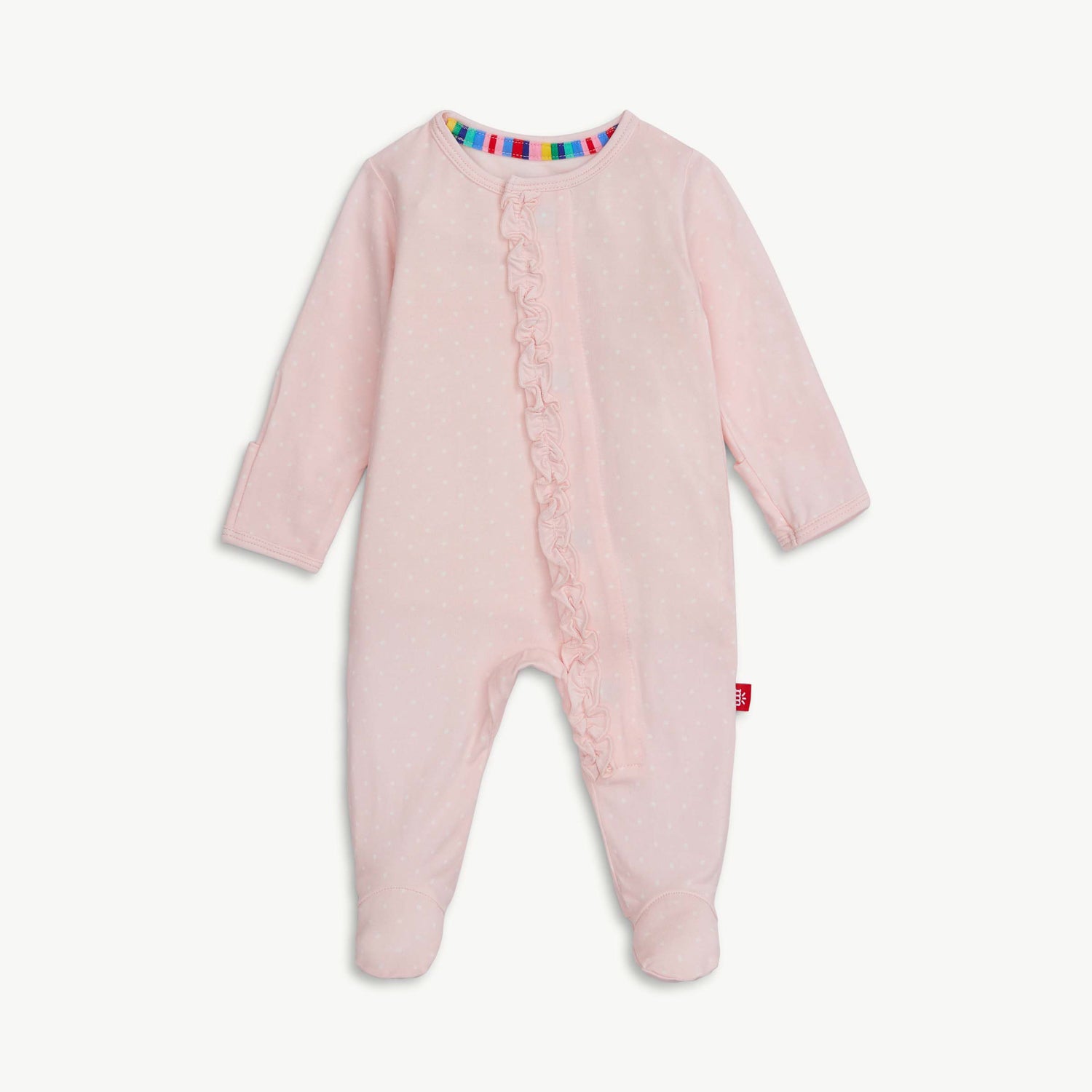Pink baby onesie with a colorful band on a white background