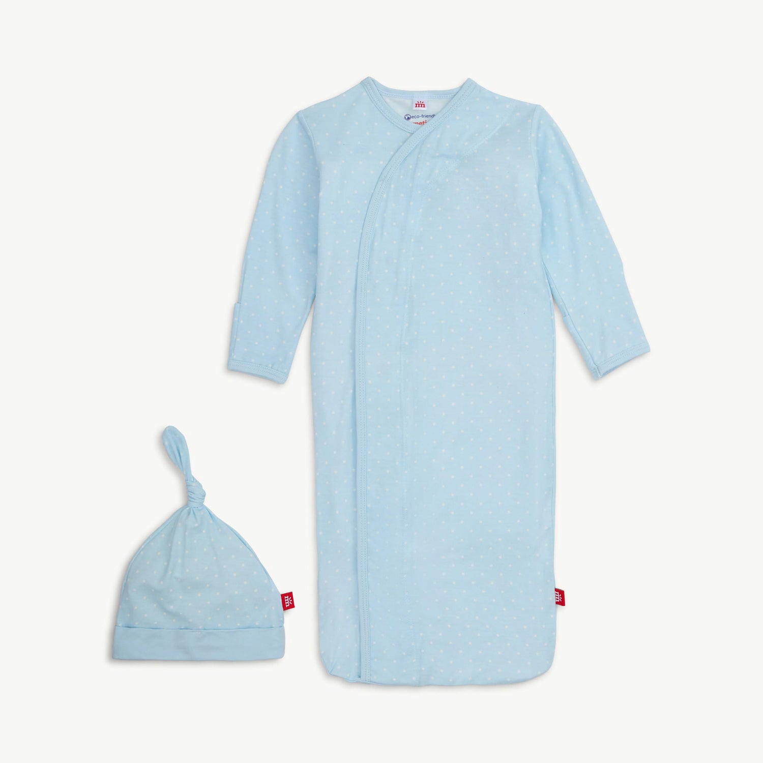 Light blue baby gown and hat set on a white background