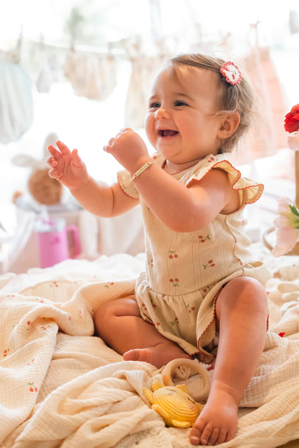 Pointelle Skirt Onesie in Cherries