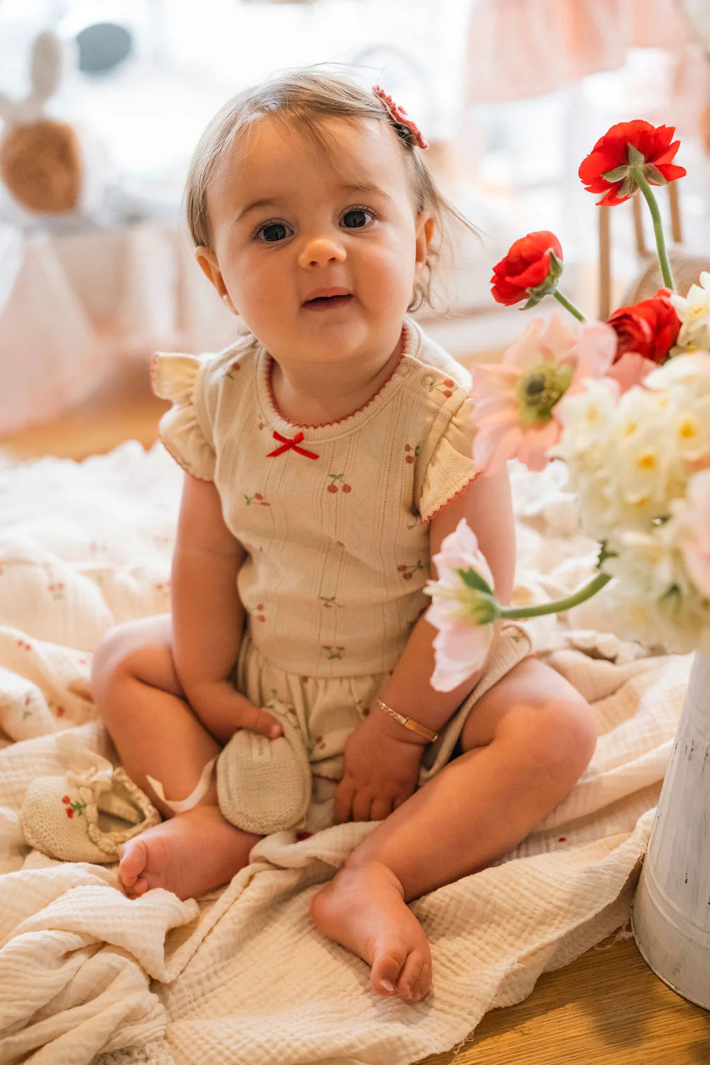 Pointelle Skirt Onesie in Cherries