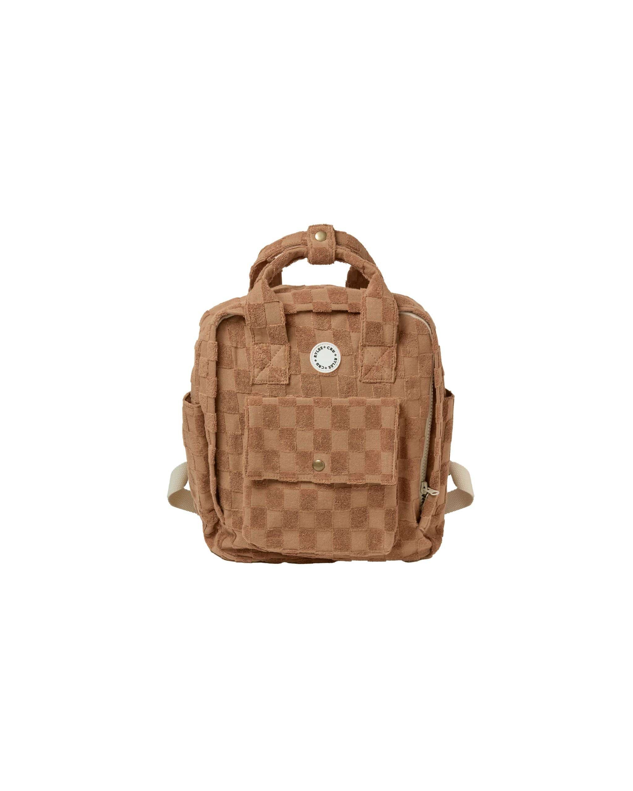 brown check mini backpack Rylee + Cru Camel Check Mini Backpack