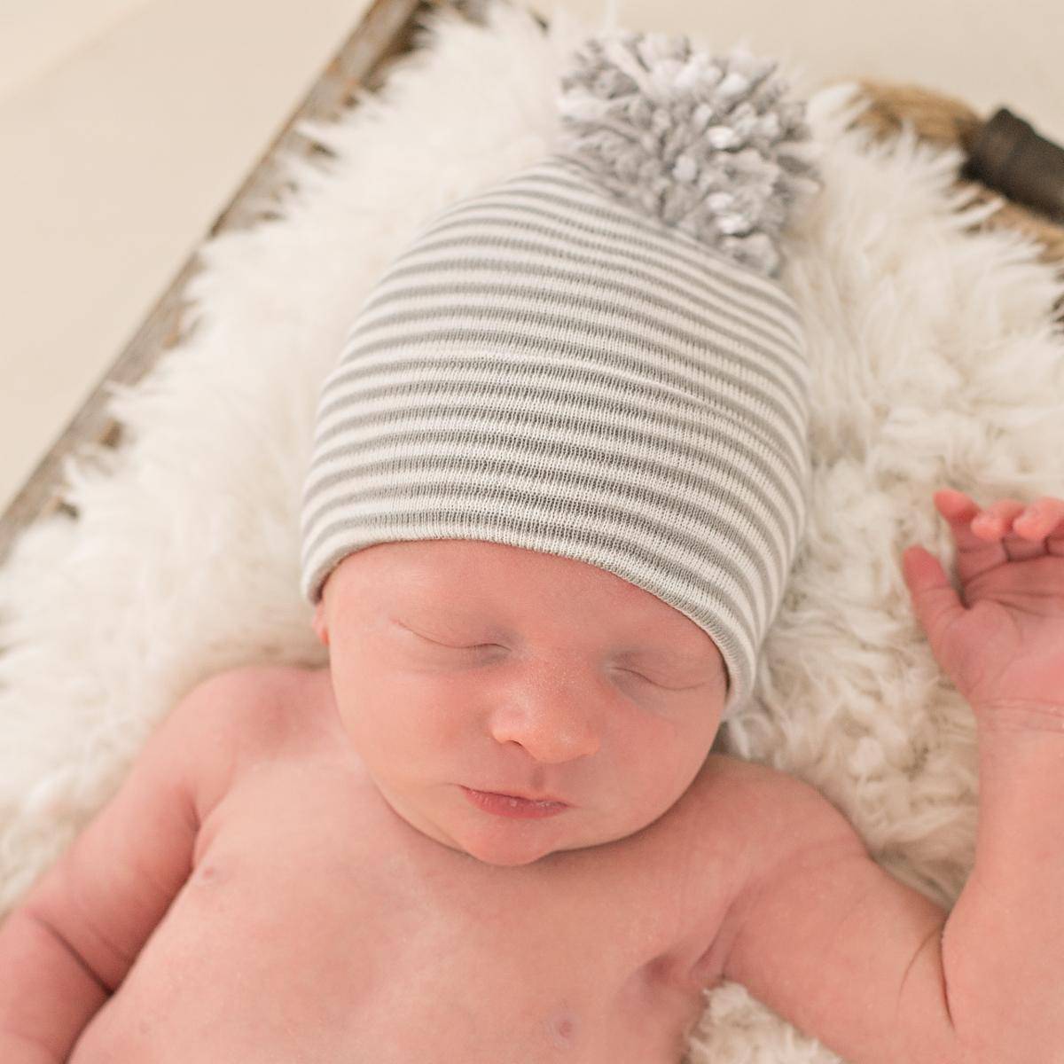 Grey & White Stripe Mixed Pom Newborn Hospital Hat - Twinkle Twinkle Little One
