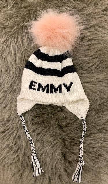 Stripe Earflap Initial or Name Faux Fur Pompom Hat - Twinkle Twinkle Little One