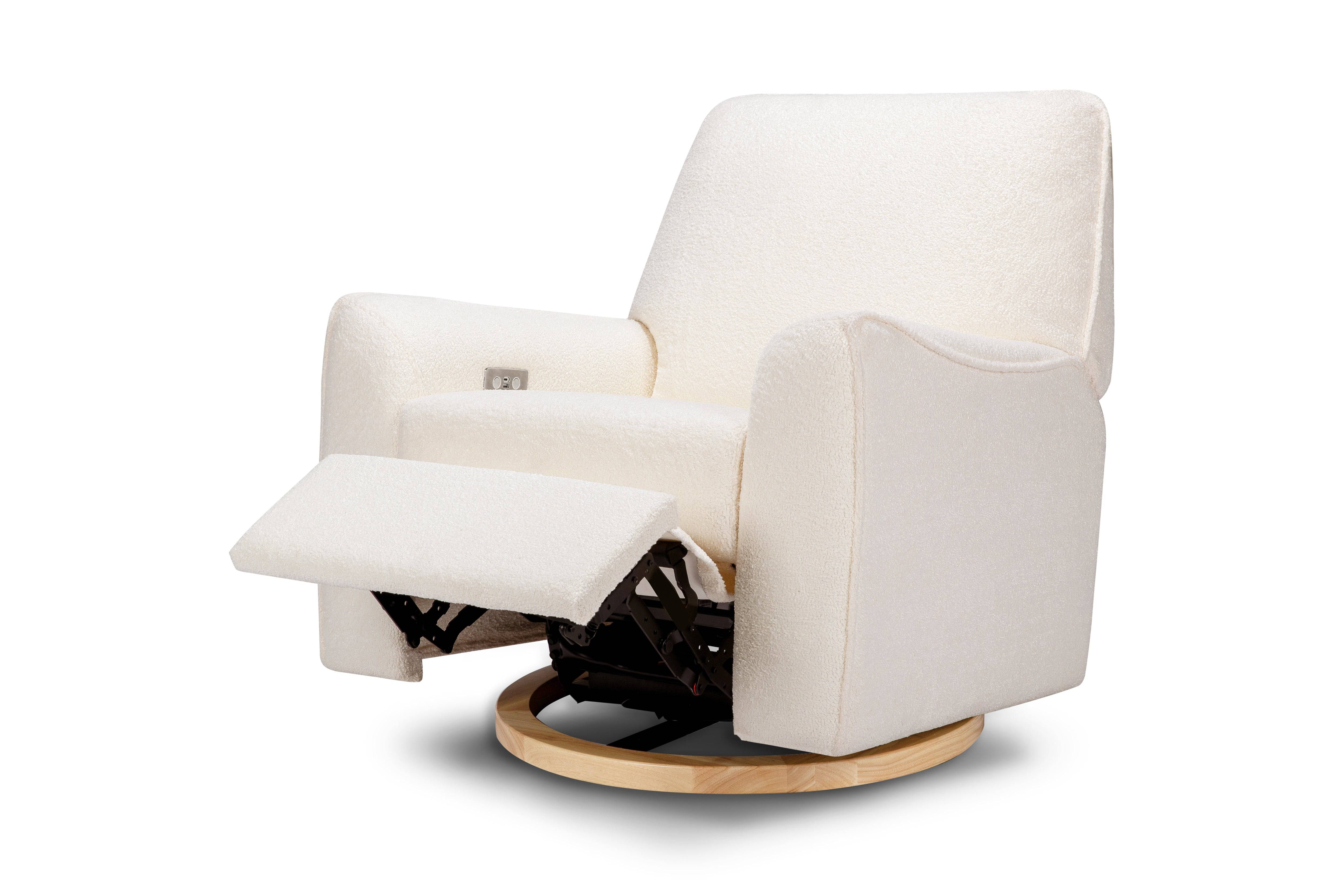Sunday Power Recliner and Swivel Glider in Chantilly Sherpa with Light Wood Base - Twinkle Twinkle Little One