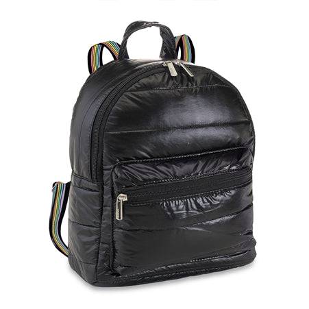Black Puffer Mini Backpack with Rainbow Stripe Straps - Twinkle Twinkle Little One