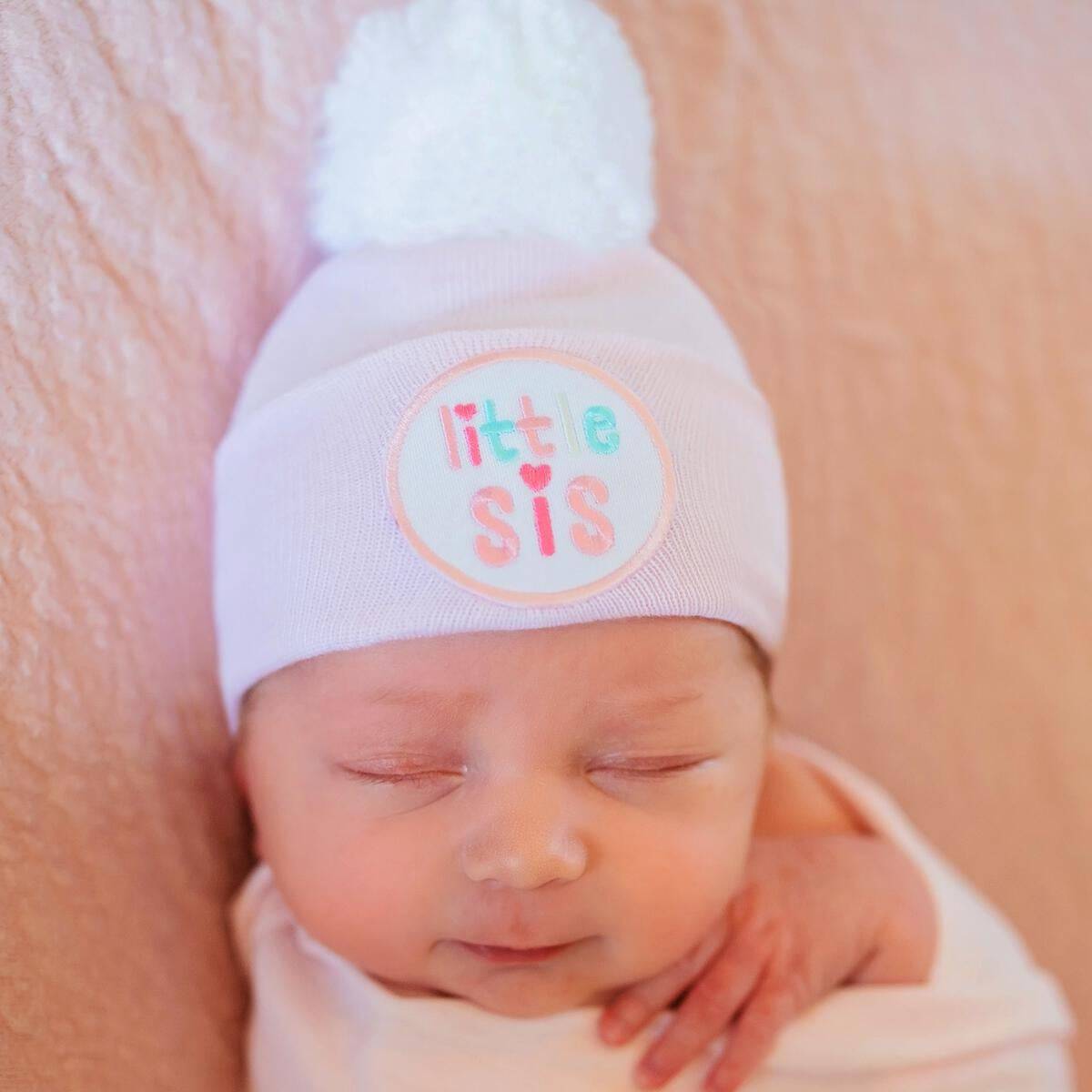 Pink Little SIS Pom Newborn Hospital Hat - Twinkle Twinkle Little One