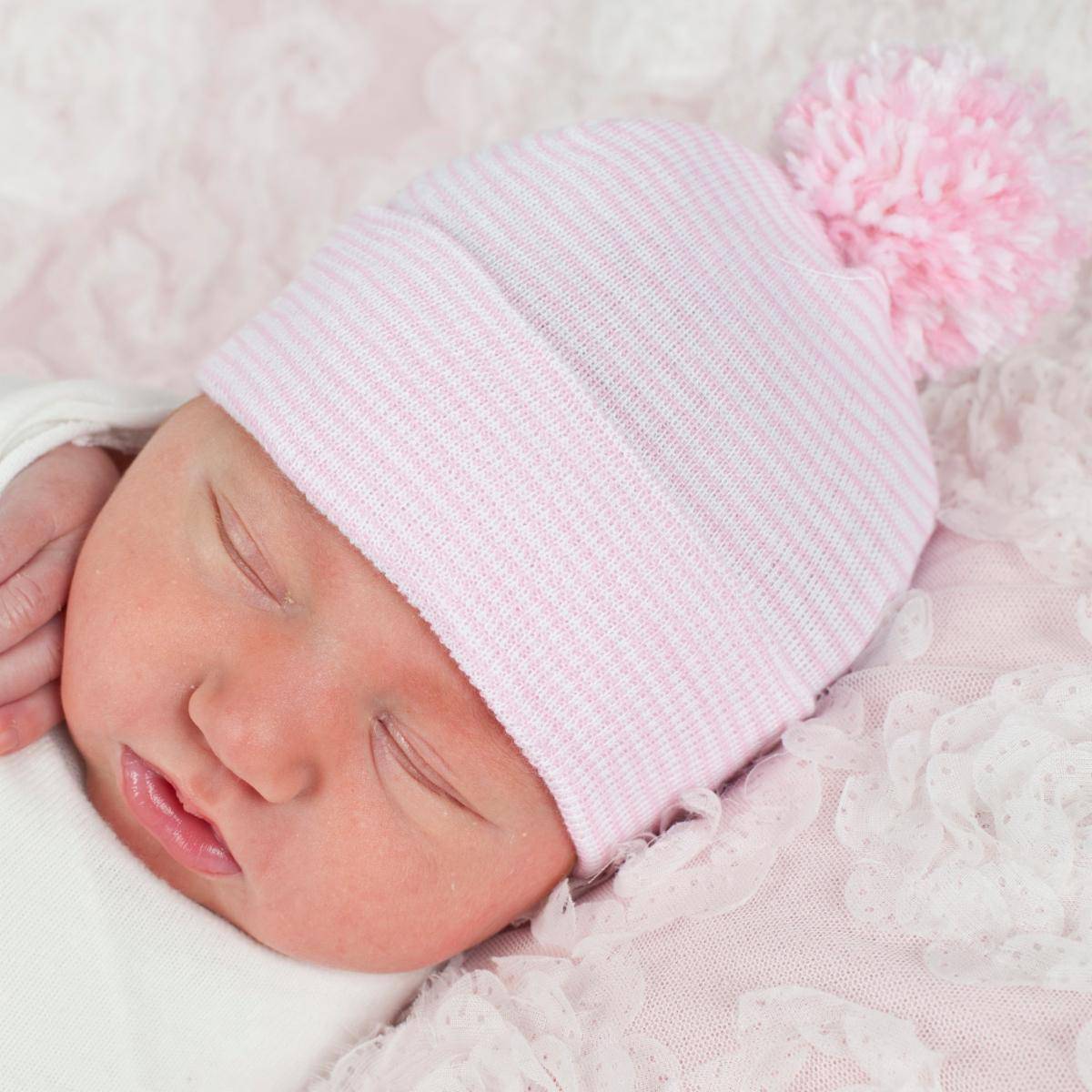 Pink & White Stripe Mixed Pom Newborn Pink Hospital Hat - Twinkle Twinkle Little One