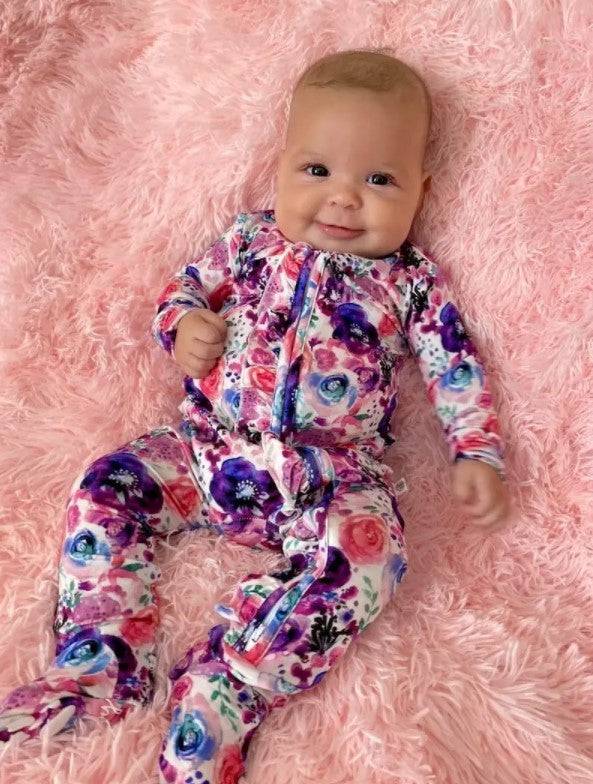 Flower Power Zipper Ruffle Footie - Twinkle Twinkle Little One