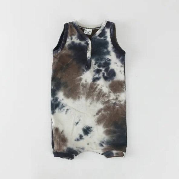 Brown, Navy & Cream Tie-Dye Rib Knit Summer Henley Shorts Romper - Twinkle Twinkle Little One