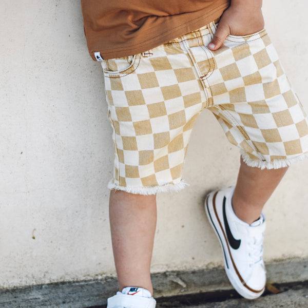 Tan Check Denim Shorts - Twinkle Twinkle Little One